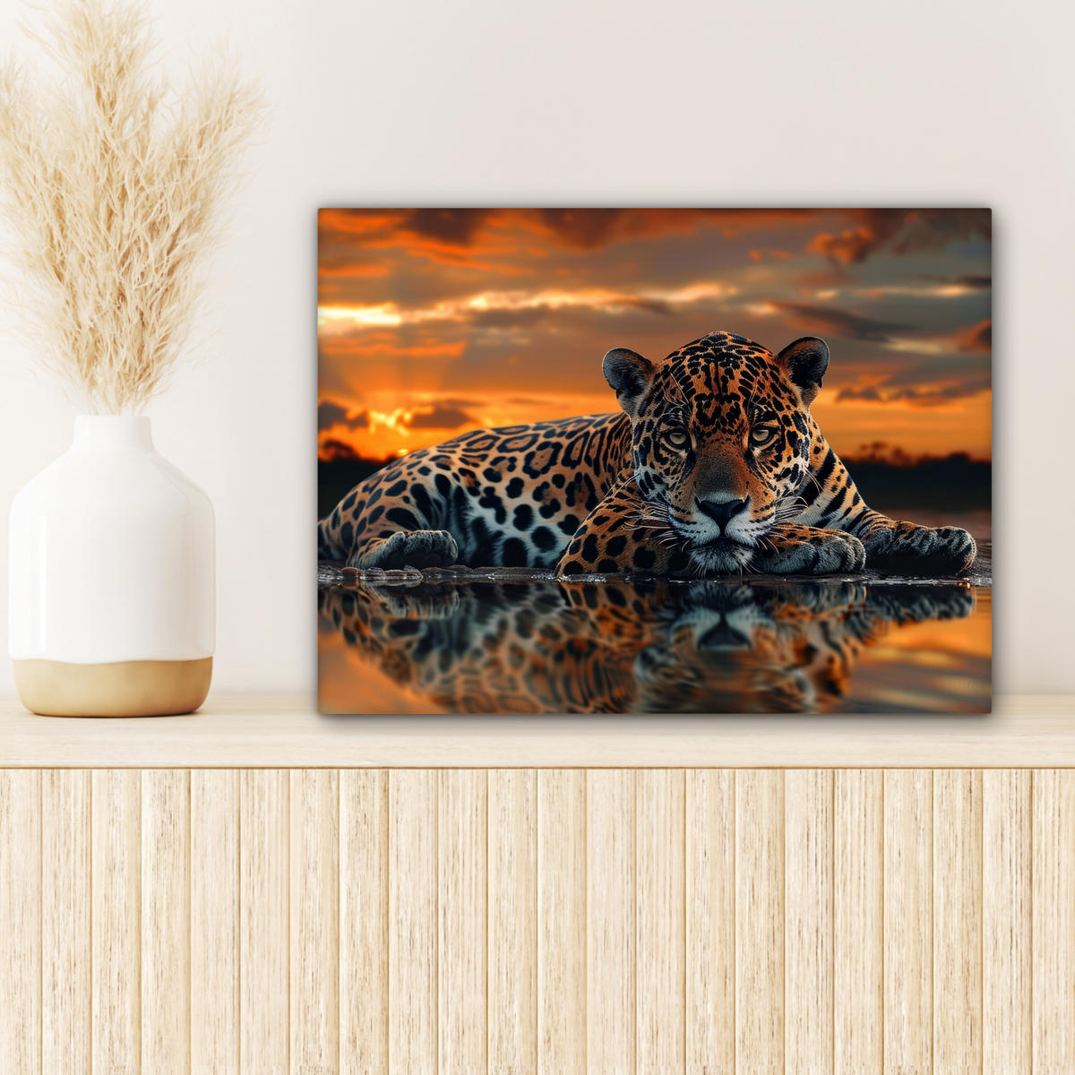 LEINWANDBILD Natur - Leopard - Tier - Sonnenuntergang - Modern 40x30 cm - Orange, Textil (40/30cm) - MuchoWow