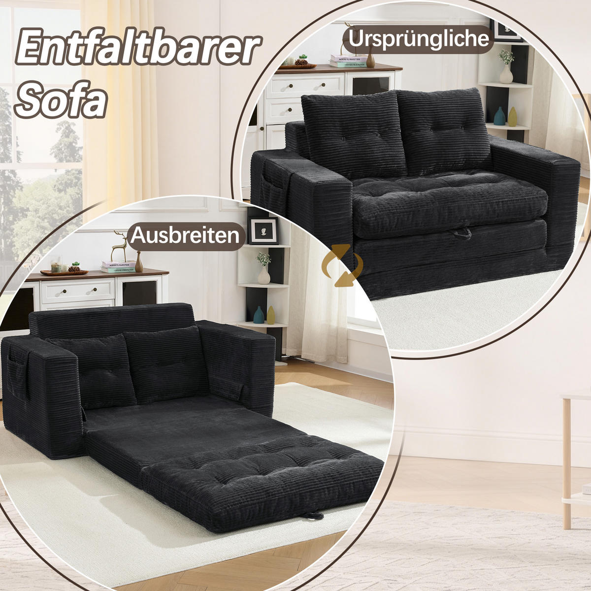 2-SITZER mit Liegefunktion und Seitentaschen - Schwarz, Textil (140/67/85cm) - EVRYAE