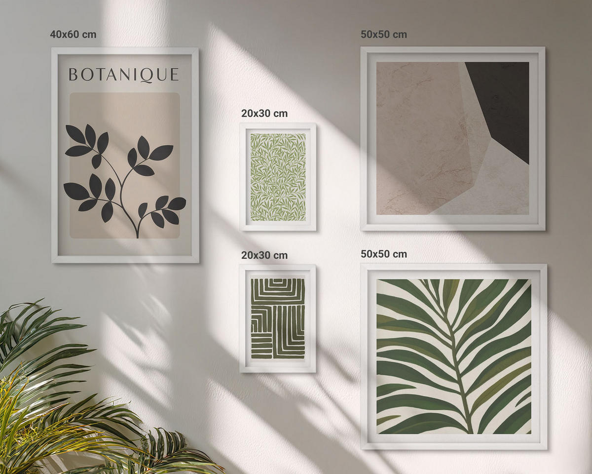 BILDER SET 5er Set - 50x50 cm & 20x30 cm & 40x60 cm Weißer Rahmen - Botanische Boho-Kompositionen - Weiß, Kunststoff (40/60cm) - TULUP