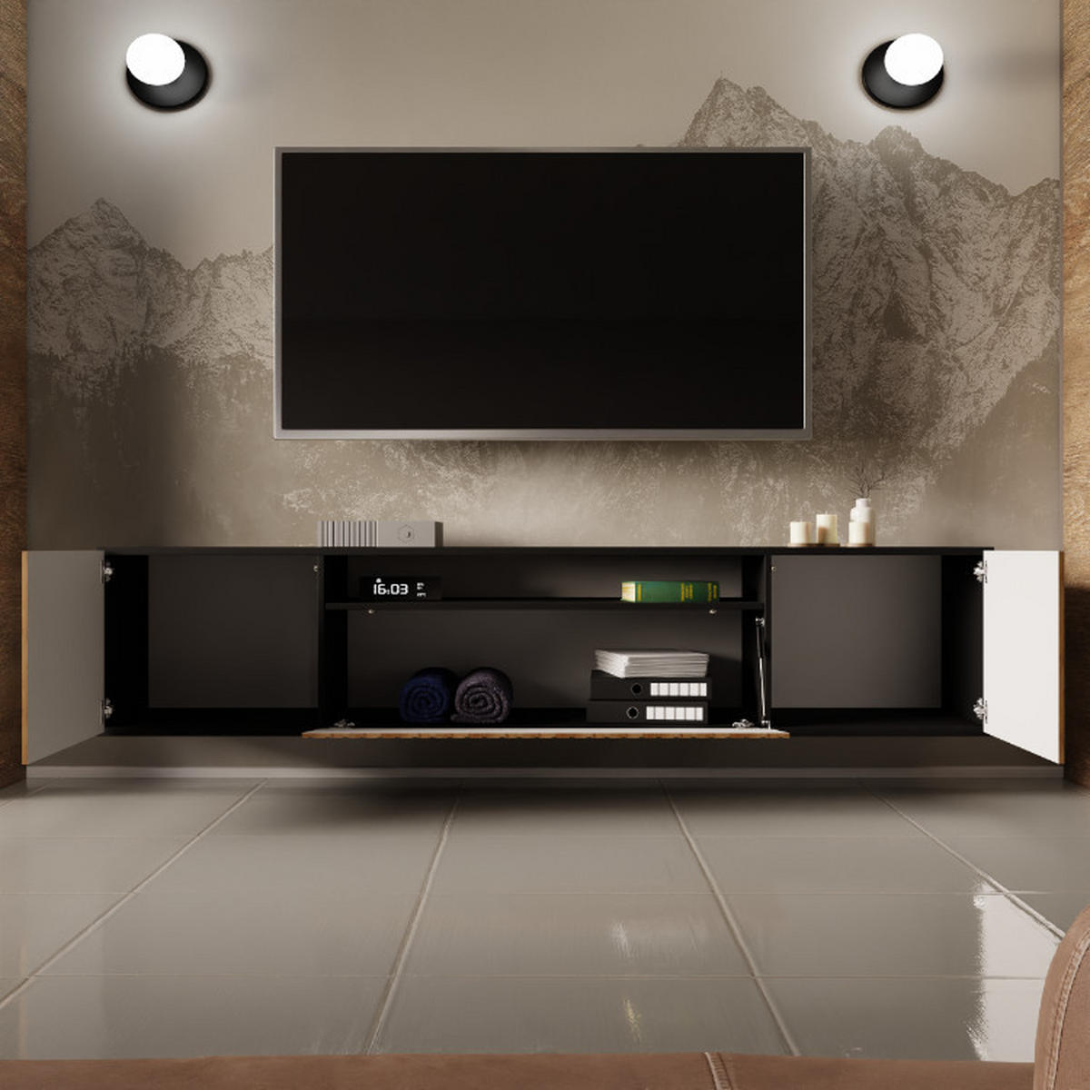 TV-SCHRANK Mio 200 cm, dreitürig, schwarz, catania - Schwarz/Braun, Kunststoff (200/40/41cm) - Margaret Hadas24