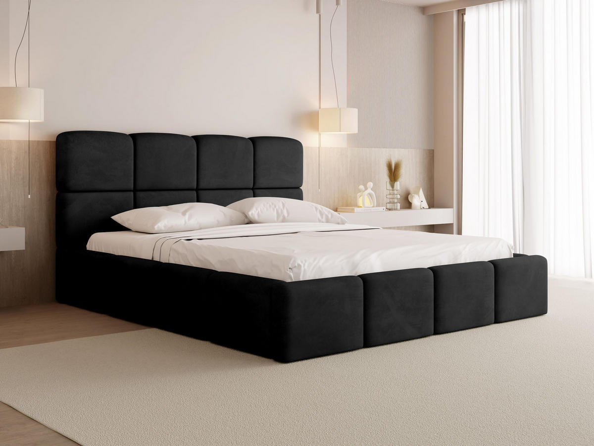 POLSTERBETT Tivio mit Bettkasten, Schwarz Samt 200x200 cm - Schwarz Hochglanz/Birkefarben, Holz/Holzwerkstoff (200/200cm) - WFL GROUP