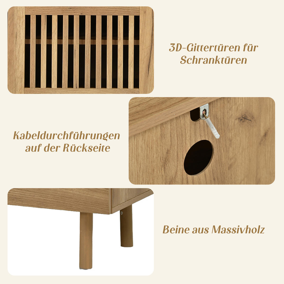 TV komoda 180/40/51 cm s rešetkastim vratima i ladicama u izgledu drva - prirodne boje/boje oraha, drvni materijal (180/51/40cm) - CHICFURN