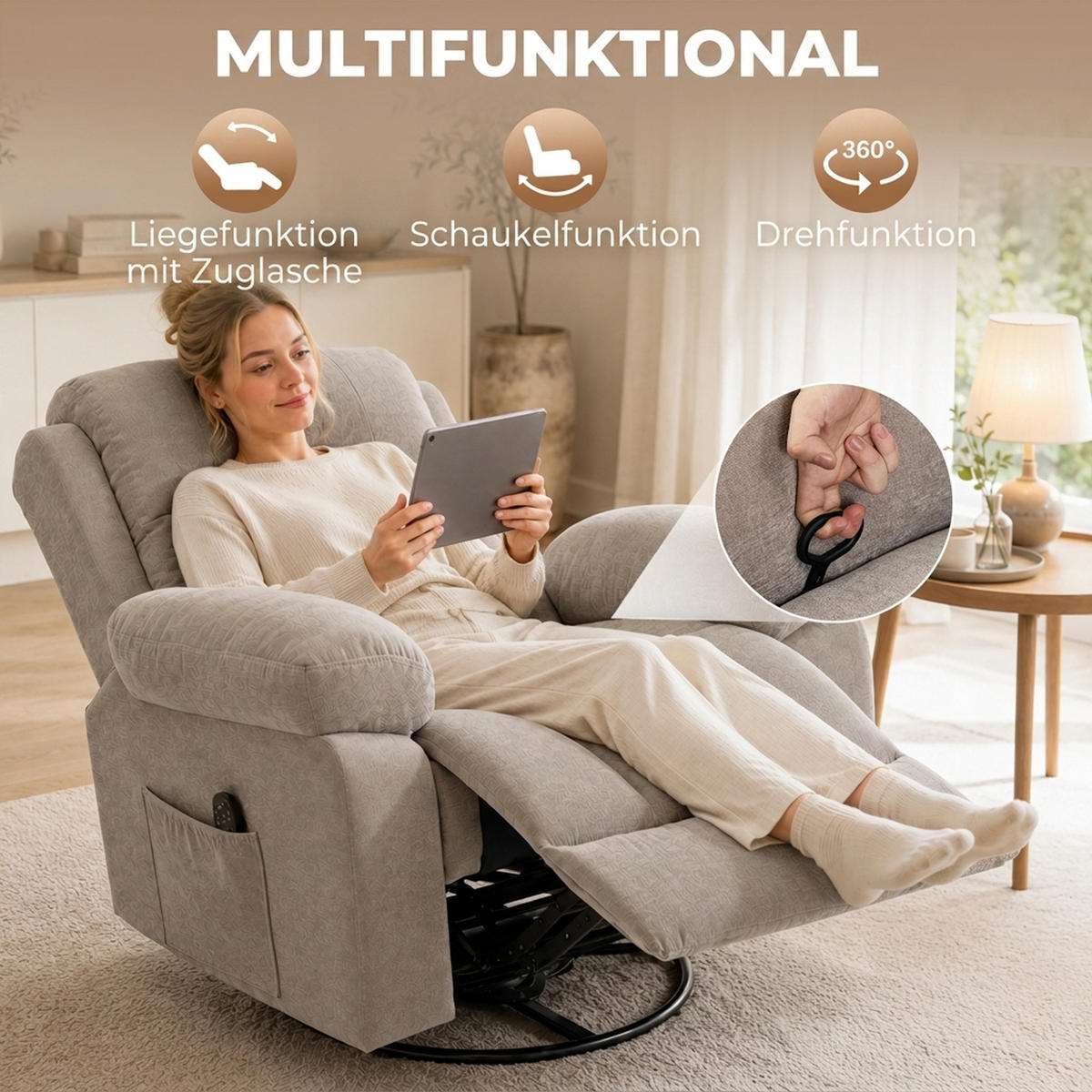 RELAXSESSEL Chenille Beige - Beige/Schwarz, Holzwerkstoff/Textil (97/104/97cm) - HOMCOM