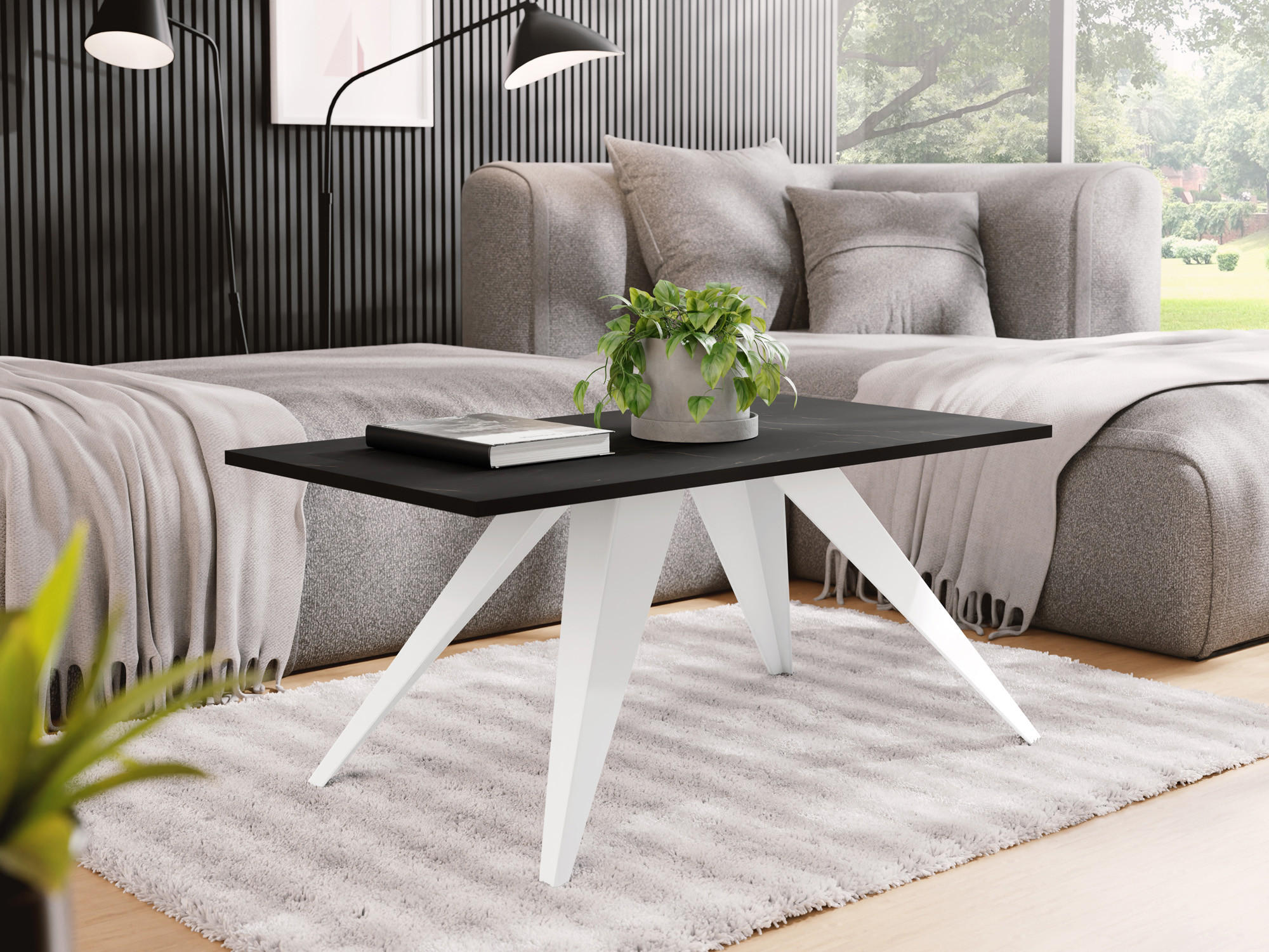 ESSTISCH Vance rechteckig, Marmor Schwarz 120/60/48 cm - Anthrazit/Weiß, Holzwerkstoff/Metall (60/120/48cm) - WFL GROUP