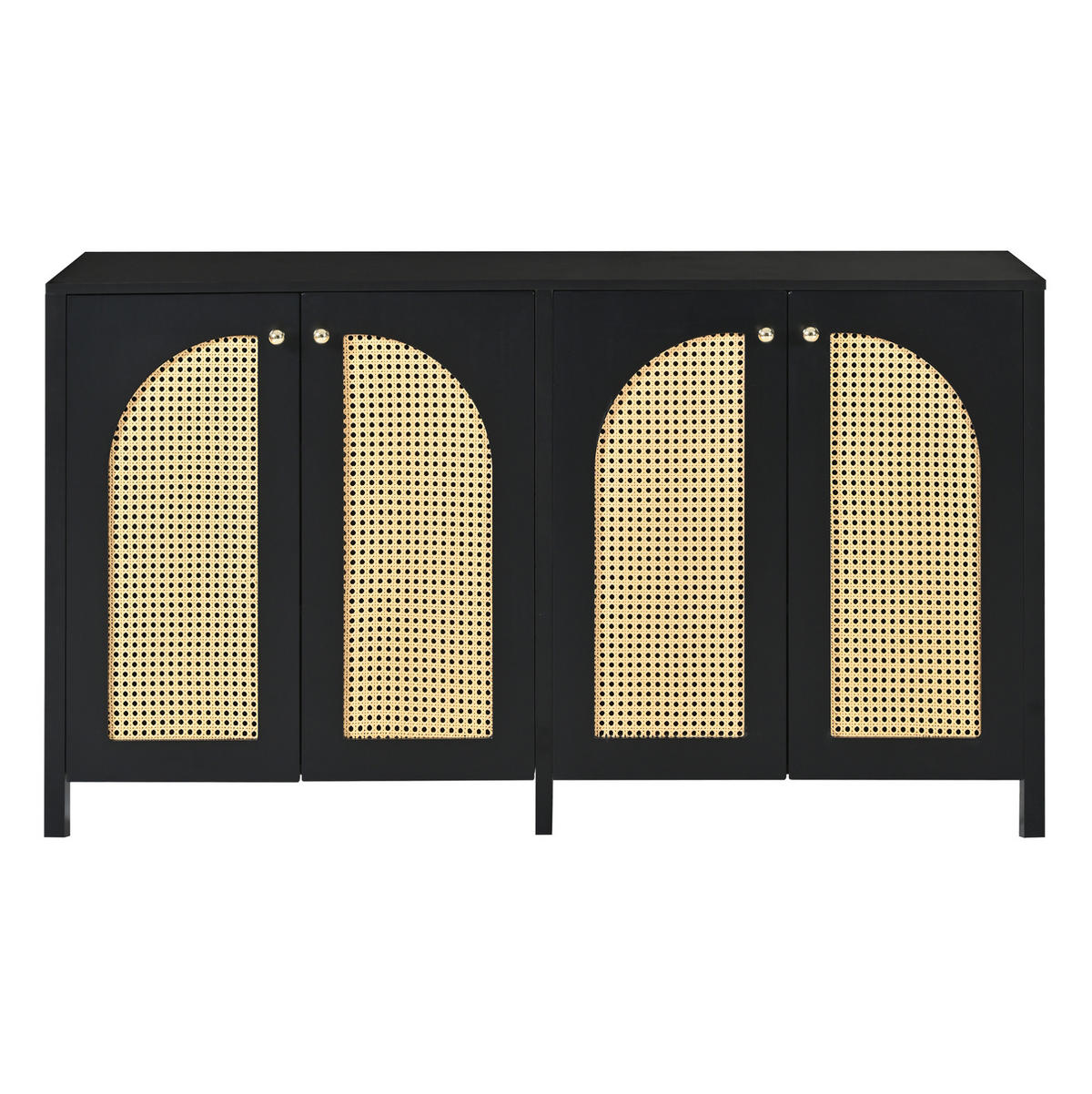 SIDEBOARD in Schwarz mit 4 Rattantüren und verstellbarem Regal,145/40/80 cm - Schwarz, Holzwerkstoff (145/40/80cm) - Flora Grace