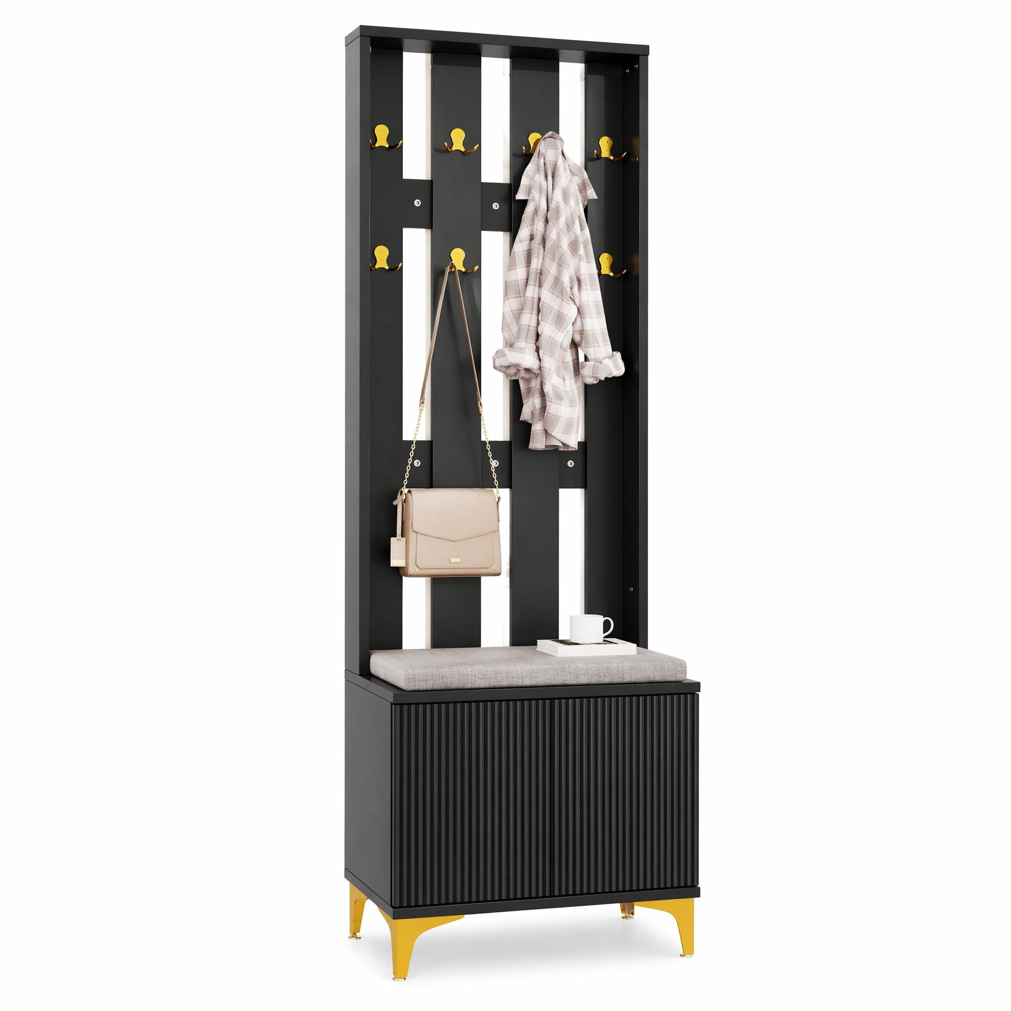 GARDEROBEN-SET in Schwarz mit Schuhbank und Kissen, Garderobenfront mit Haken für Flur, B60.5/T35.2/H180.5 cm - Goldfarben/Schwarz, Holzwerkstoff/Metall (60.5/180.5/35.2cm) - STILVORA