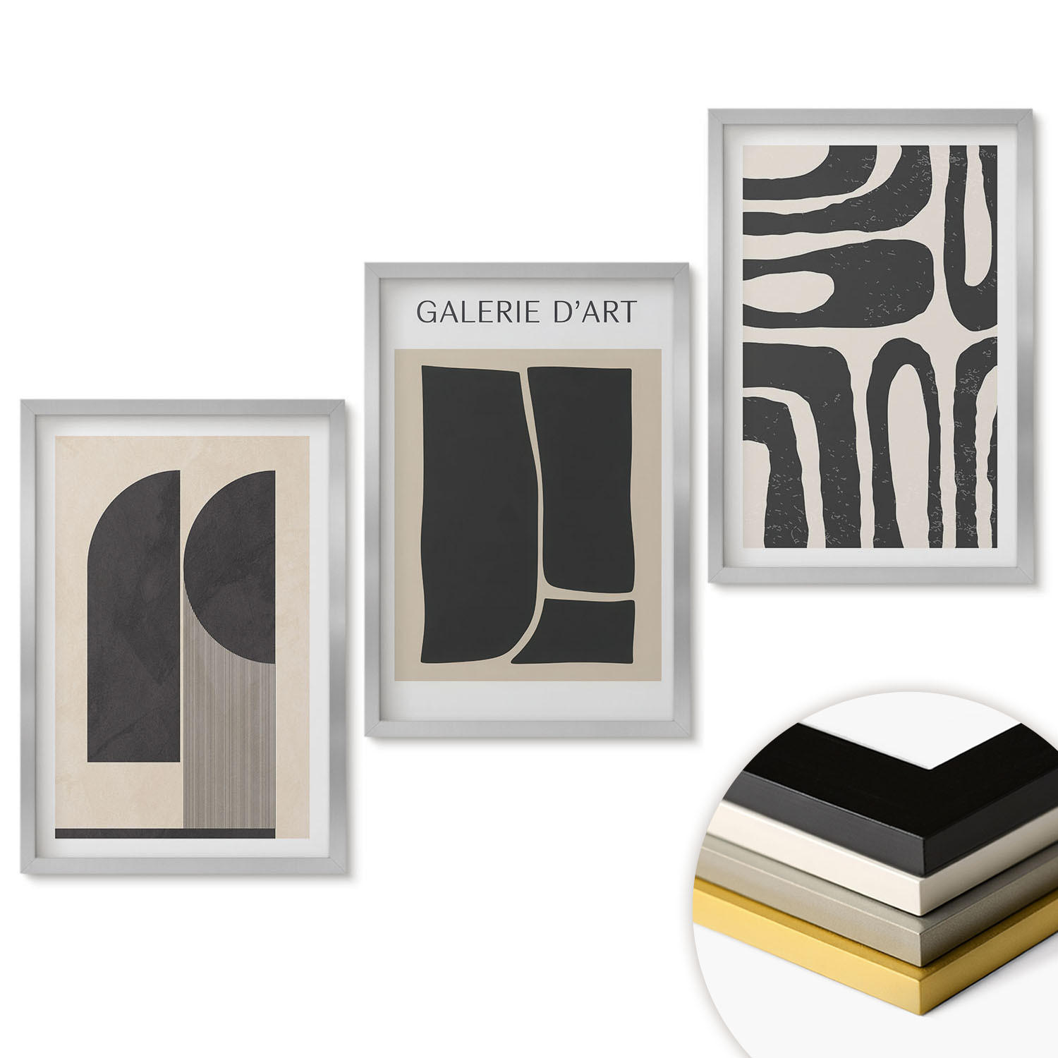 WANDBILDER 3er Set - 40x60 cm Silberner Rahmen - Abstrakte minimalistische Poster - Silberfarben, Kunststoff (40/60cm) - ArtPrintCave