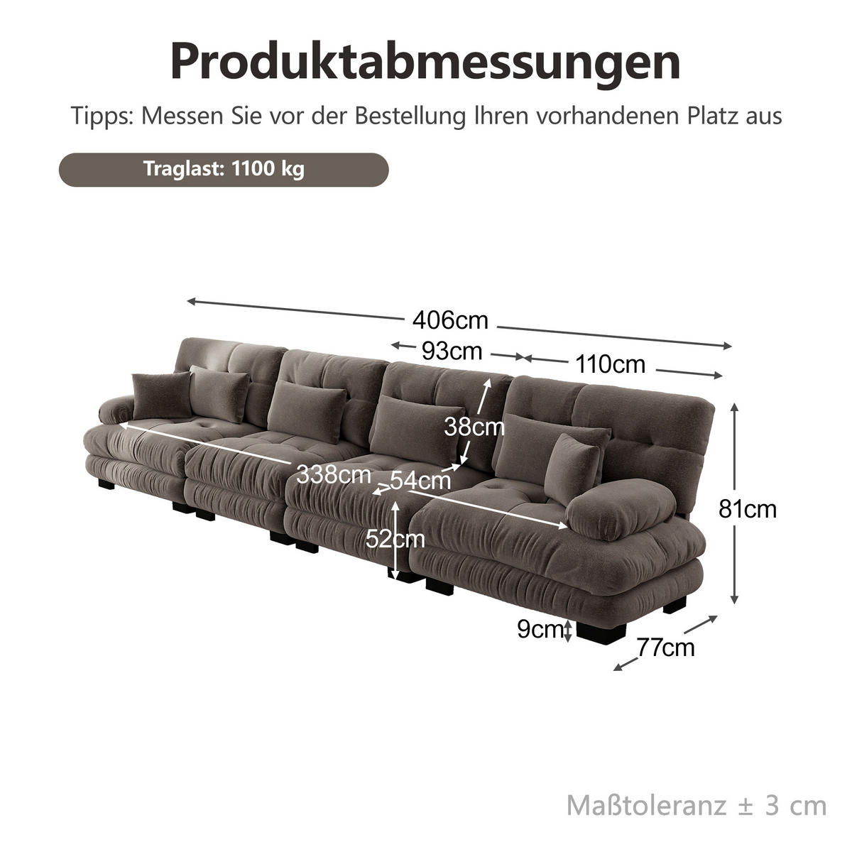 4-SITZER-SOFA DE-34065 modular mit Tiefensitz Braun - Braun, Holz (77/81/406cm) - ComfortXL
