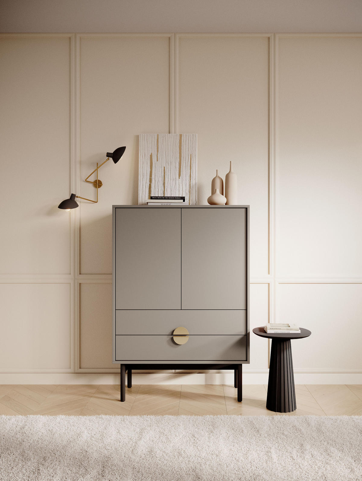 HIGHBOARD Stoon Steingrau 85 cm - Beige/Goldfarben, Holzwerkstoff/Metall (85/124/38cm) - Selsey