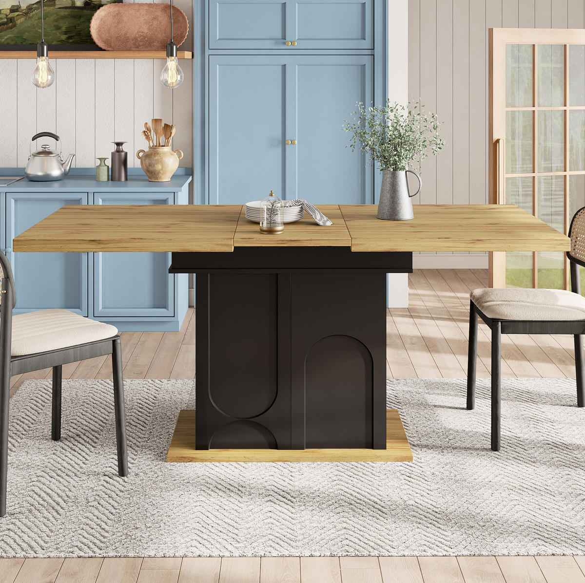 ESSTISCH aus MDF 110-140x80x76 cm Schwarz/Natur ausziehbar mit Stauraum und Soft-Close-Tür - Schwarz, Holzwerkstoff (140/80/76cm) - Modfu