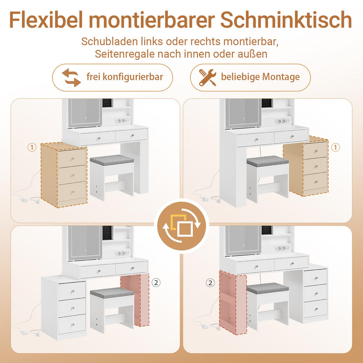 SCHMINKTISCH mit Spiegel (3 einstellbaren Lichtfarben) und Hocker 120x40x127cm - Weiß, Holzwerkstoff (120/127/40cm) - SoBuy