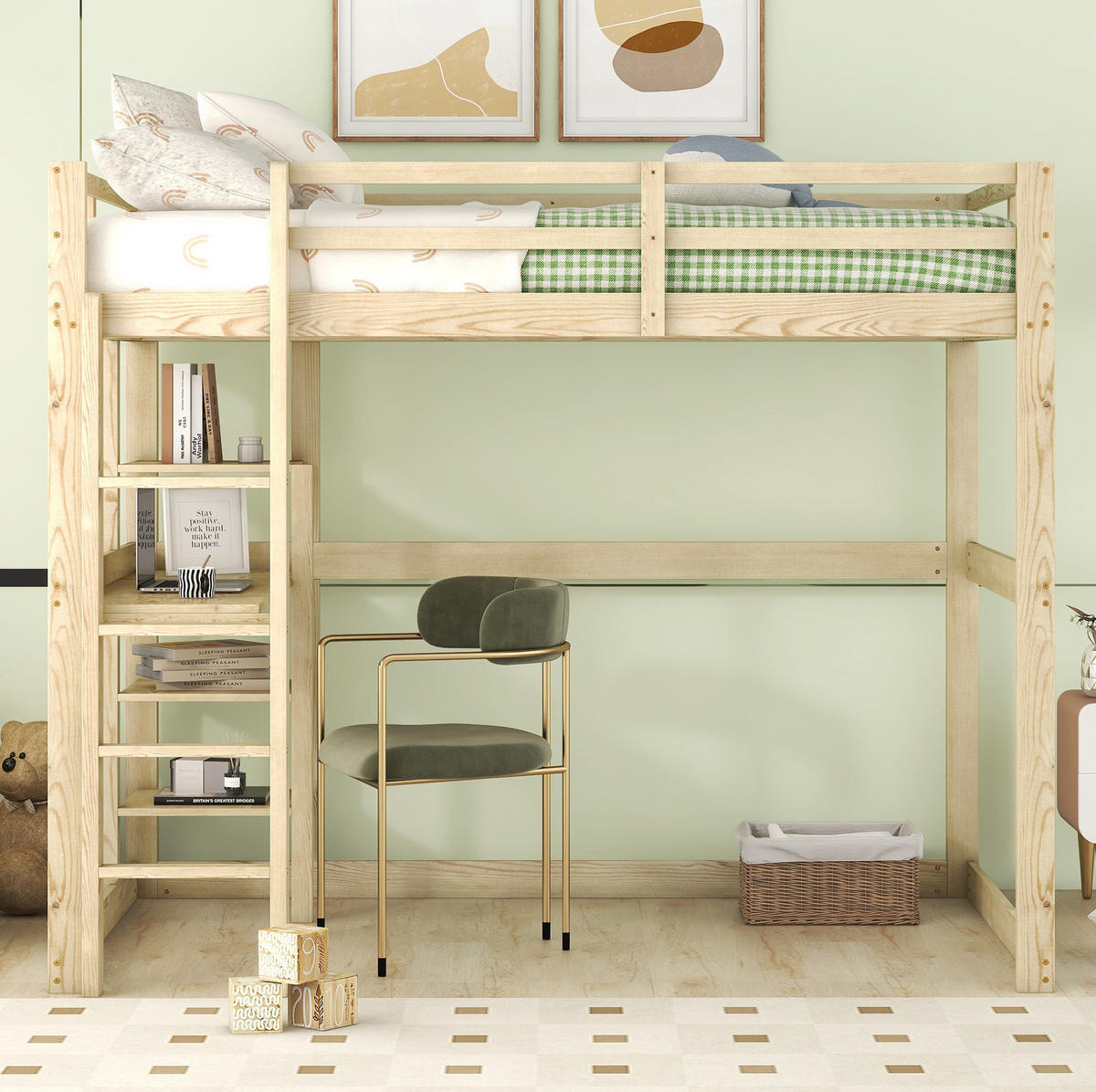 HOCHBETT 140/200 cm aus Kiefer mit Schreibtisch und 4 Ablagefächern - Naturfarben, Holz (140/200cm) - Flora Grace