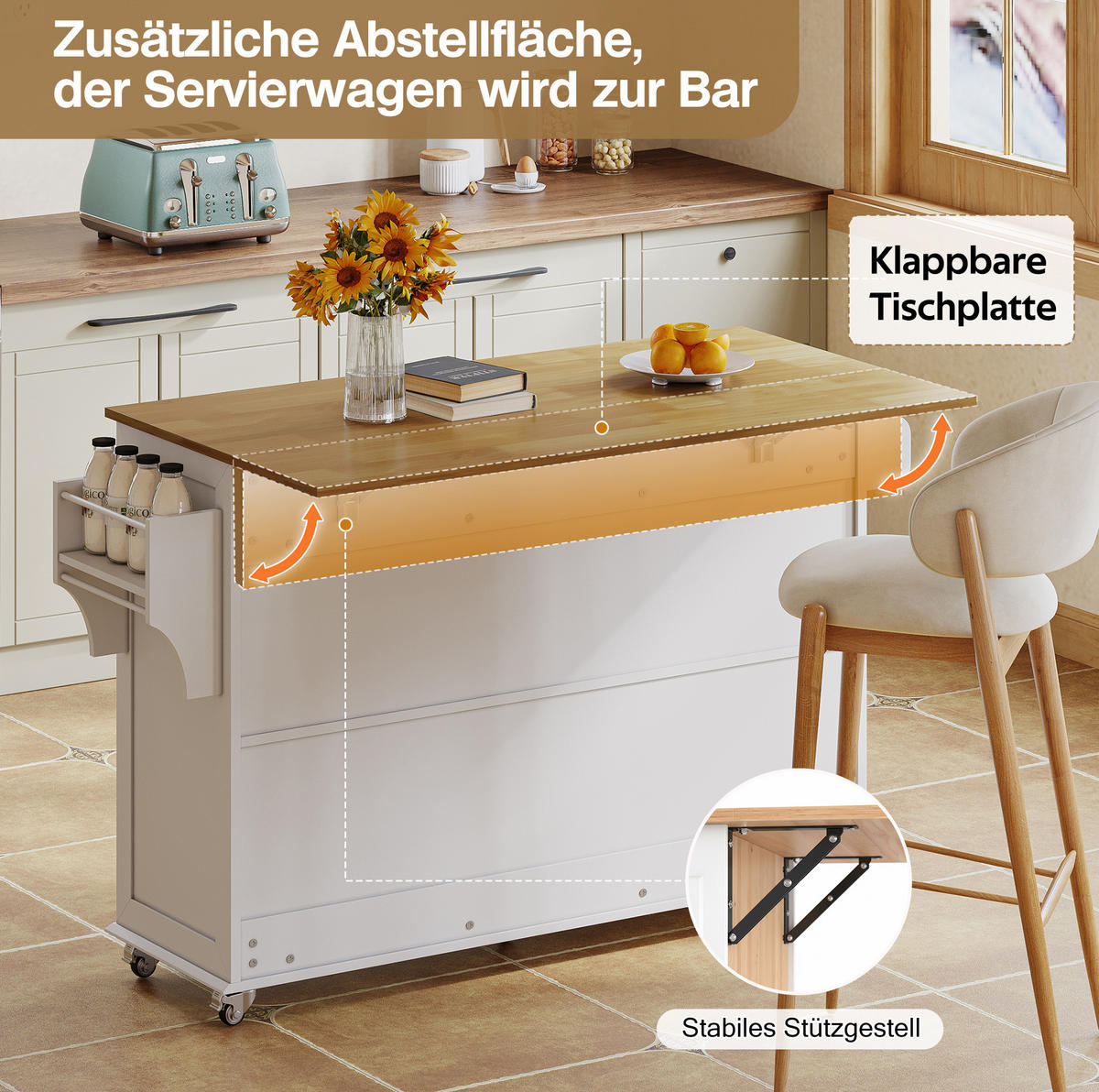 KÜCHENINSEL 140/43(70)/90,5 cm Weiß/Natur aus MDF mit klappbarer Arbeitsplatte - Weiß, Holzwerkstoff (70/93/140cm) - OKMYHOME