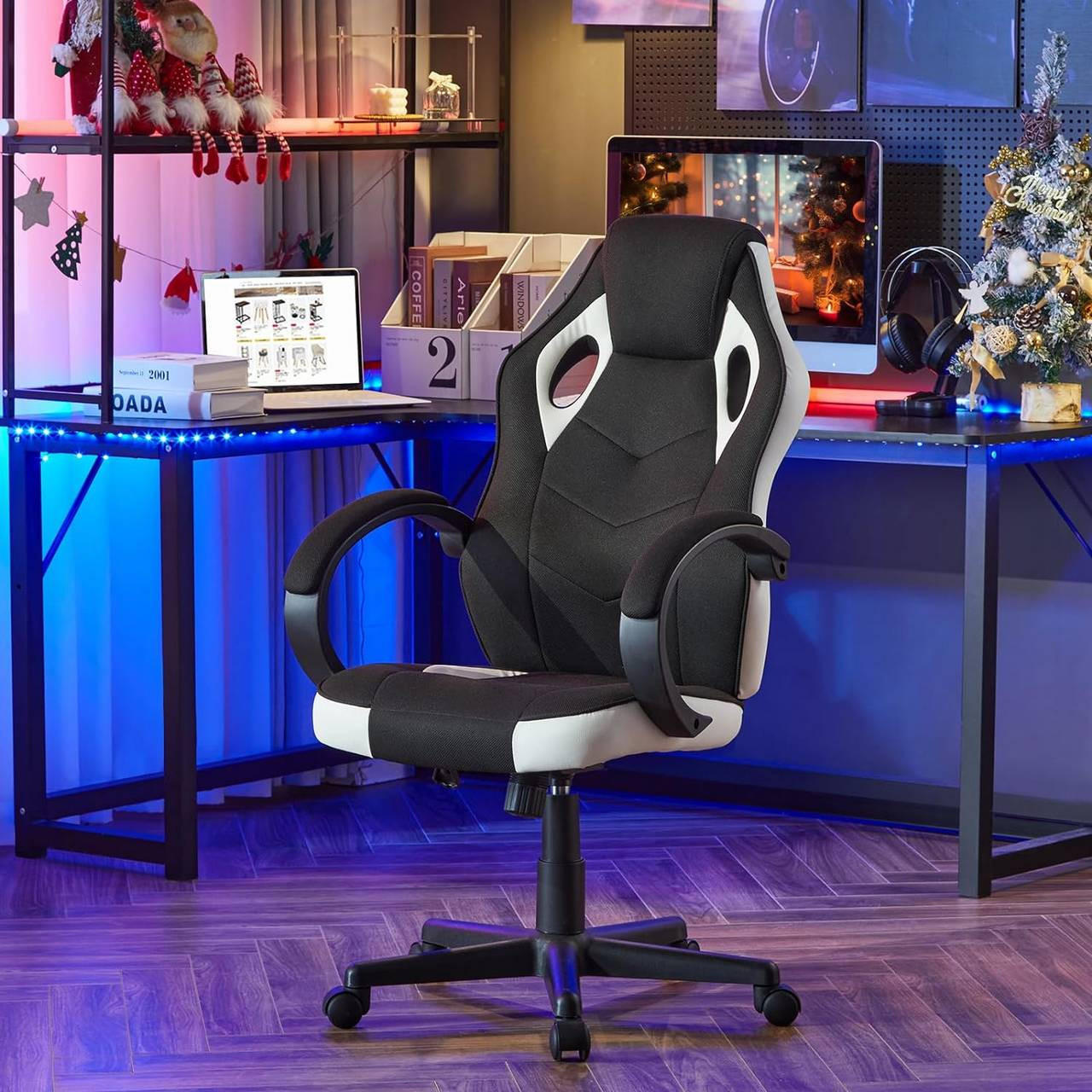 GAMINGSTUHL mit Kopfkissen, Mesh-Gewebe, Weiß + Schwarz - Schwarz/Weiß, Textil/Metall (62/104/72.5cm) - Woltu