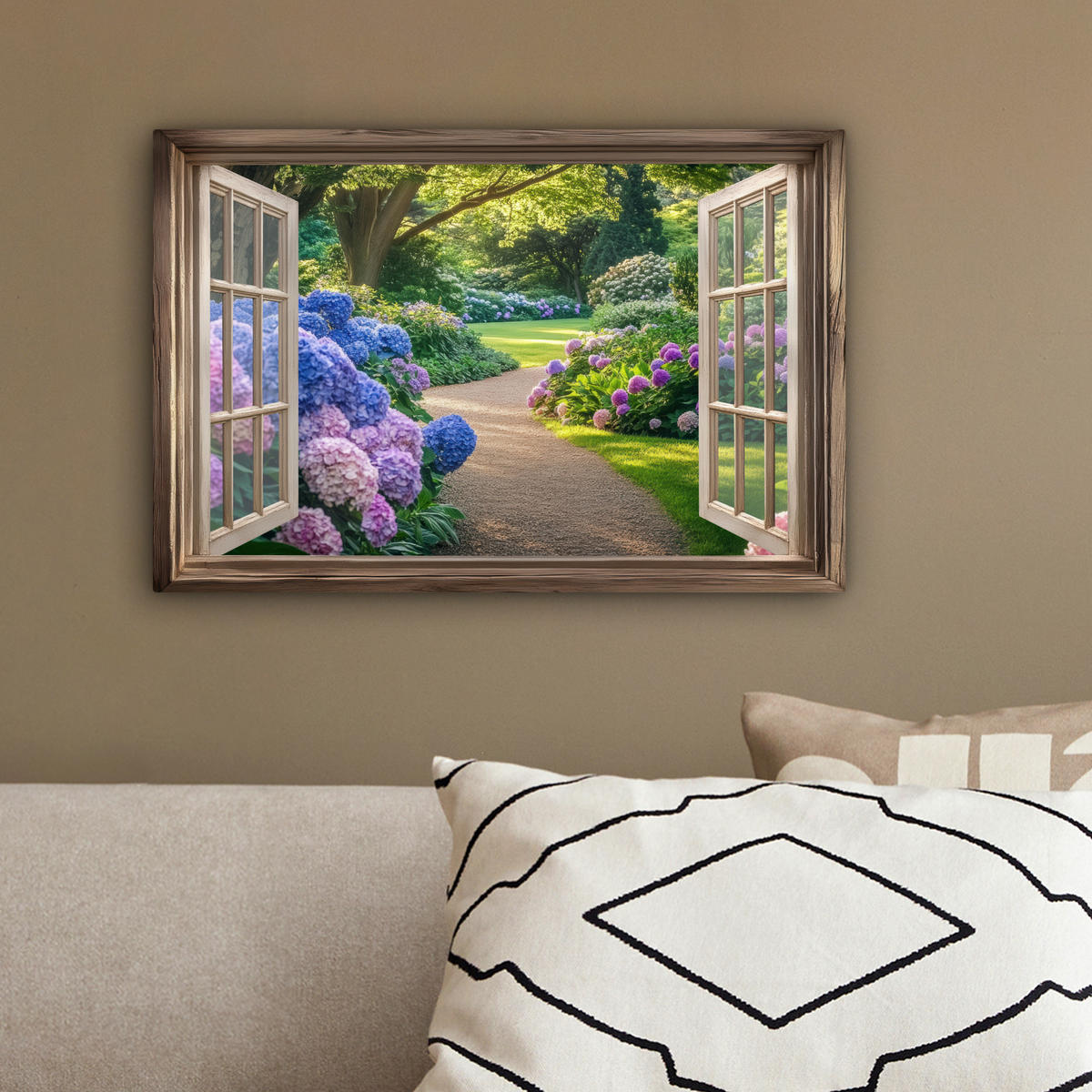 LEINWANDBILD Aussicht - Garten - Fenster - Hortensie - Blumen 30x20 cm - Pastellblau, Textil (30/20cm) - MuchoWow