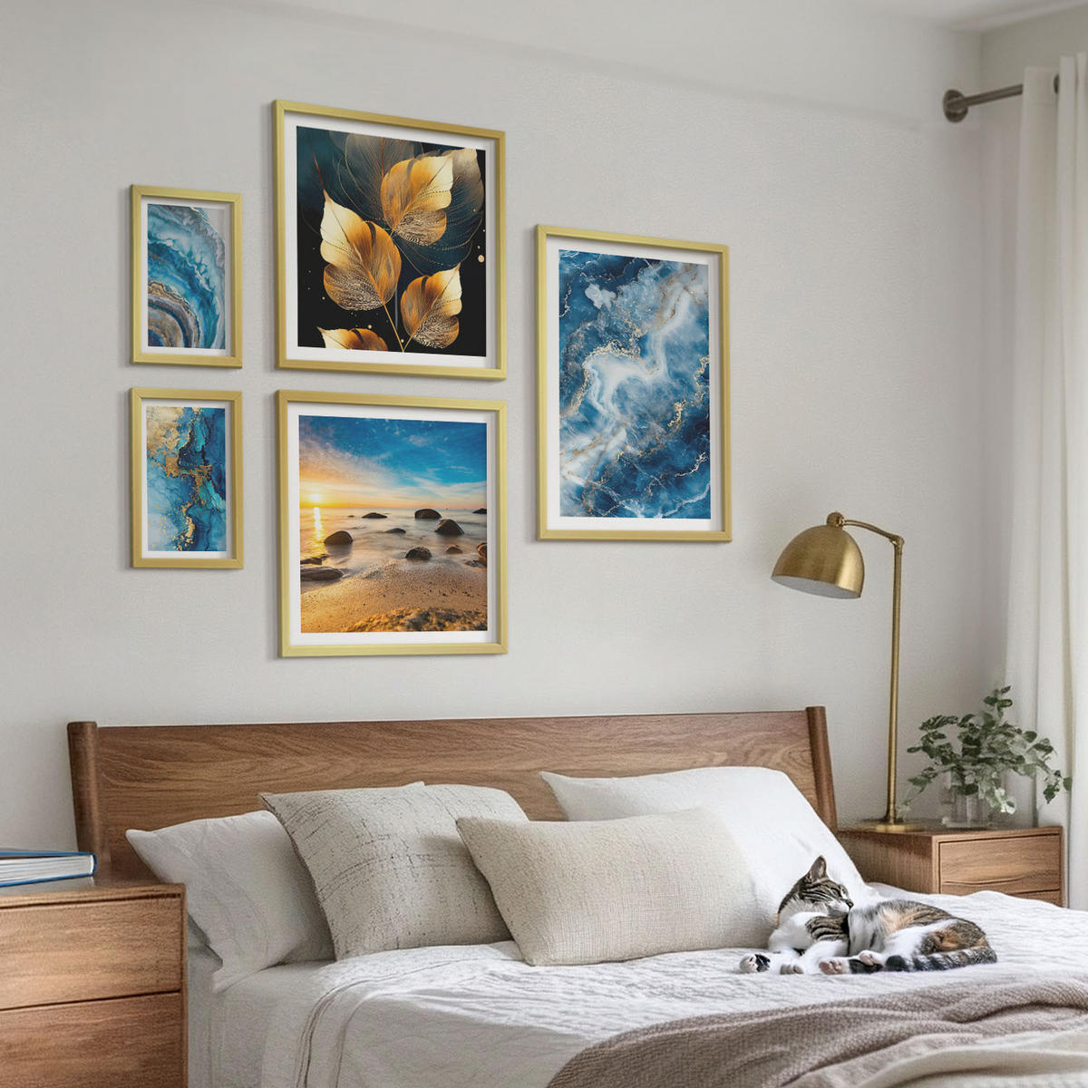 WANDBILDER 5er Set - 50x50 cm & 20x30 cm & 40x60 cm Goldrahmen - Porträt einer Frau, Auge, Farben, Emotionen - Goldfarben, Kunststoff (40/60cm) - ArtPrintCave