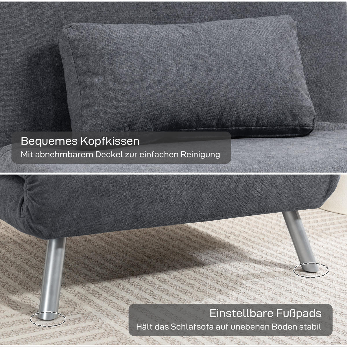 SCHLAFSESSEL 3-in-1 klappbar Schlafsofa mit Bettfunktion Relaxsessel Dunkelgrau - Dunkelgrau/Silberfarben, Textil/Metall (75/83/80cm) - HOMCOM
