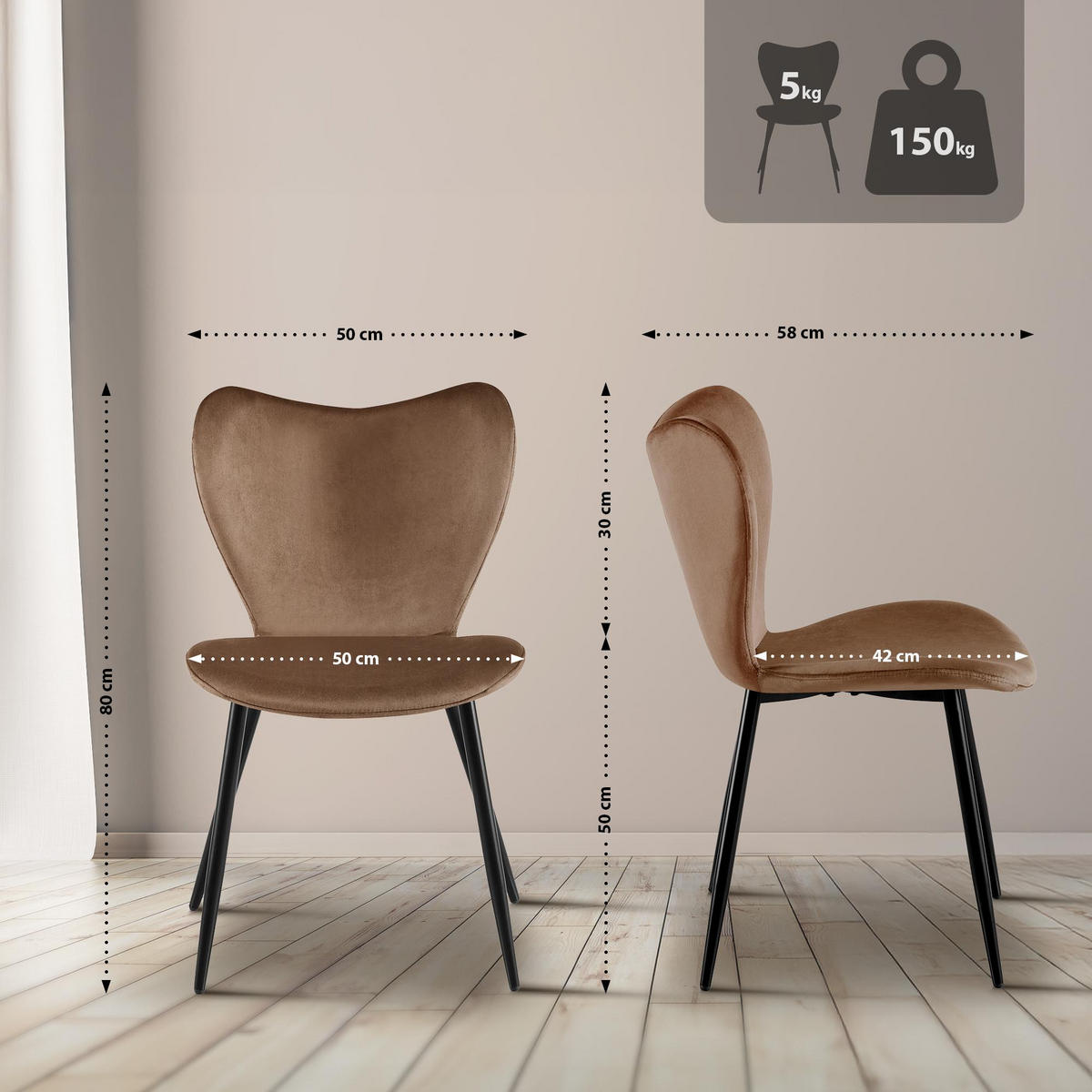 ESSZIMMERSTUHL Samt Braun - Schwarz/Braun, Textil/Metall (50/80/58cm) - CLP