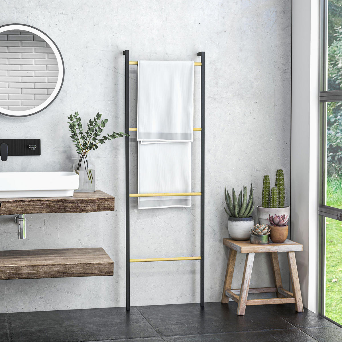 HANDTUCHLEITER, 49 x 167,5 cm Handtuchhalter mit 4 Stangen, Stahl, Schwarz - Schwarz/Naturfarben, Metall (5.5/167.5/49cm) - HOMCOM