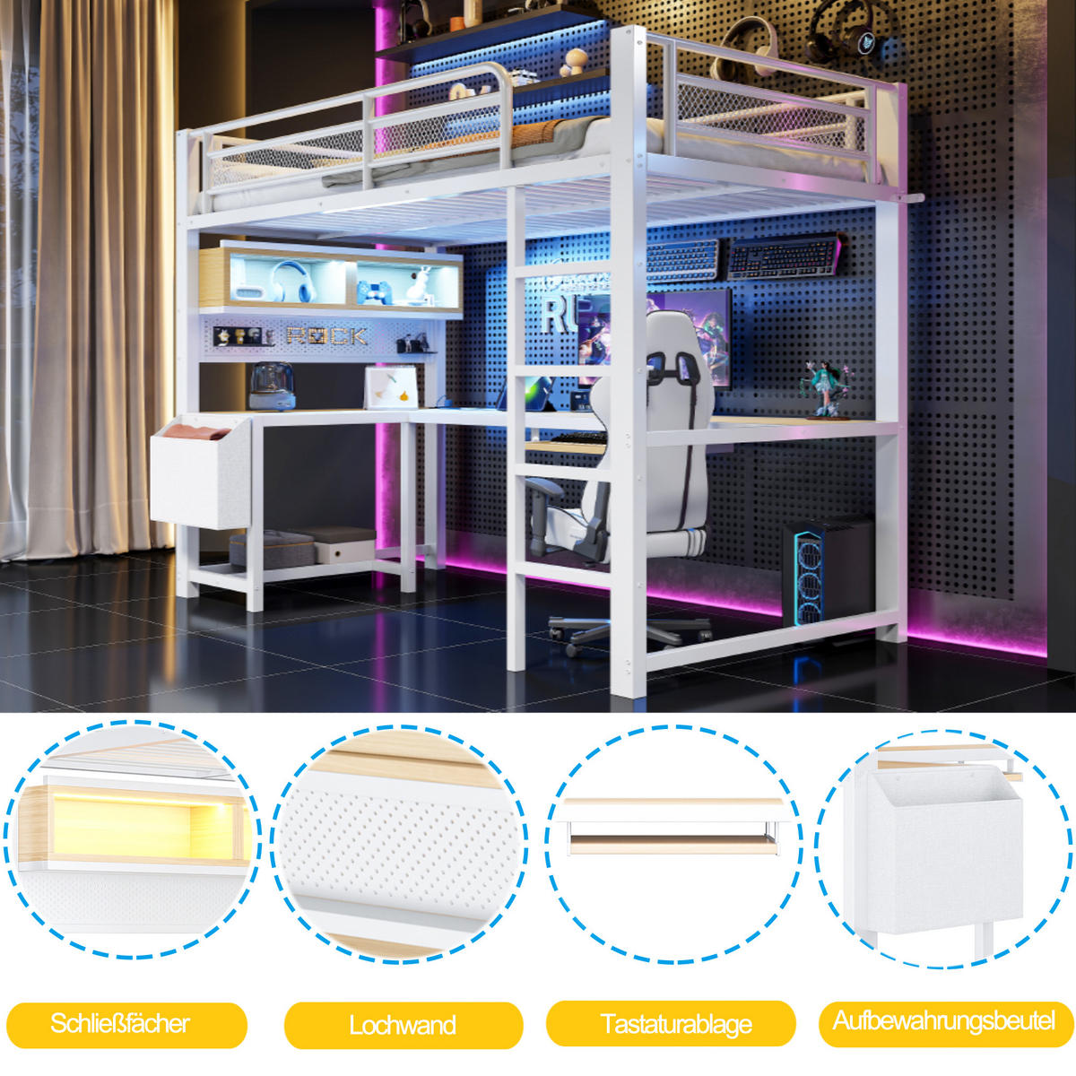HOCHBETT 90/200 cm in Weiß mit Schreibtisch, LED und USB - Weiß, Holzwerkstoff/Metall (90/200cm) - WISHDOR