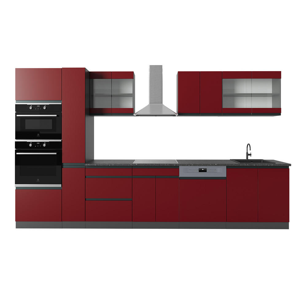 KÜCHENZEILE R-Line Rot/Anthrazit 350 cm J-Shape mit Hochschrank ohne AP - Rotbraun/Anthrazit, Holzwerkstoff (350/81.6/46cm) - Vicco