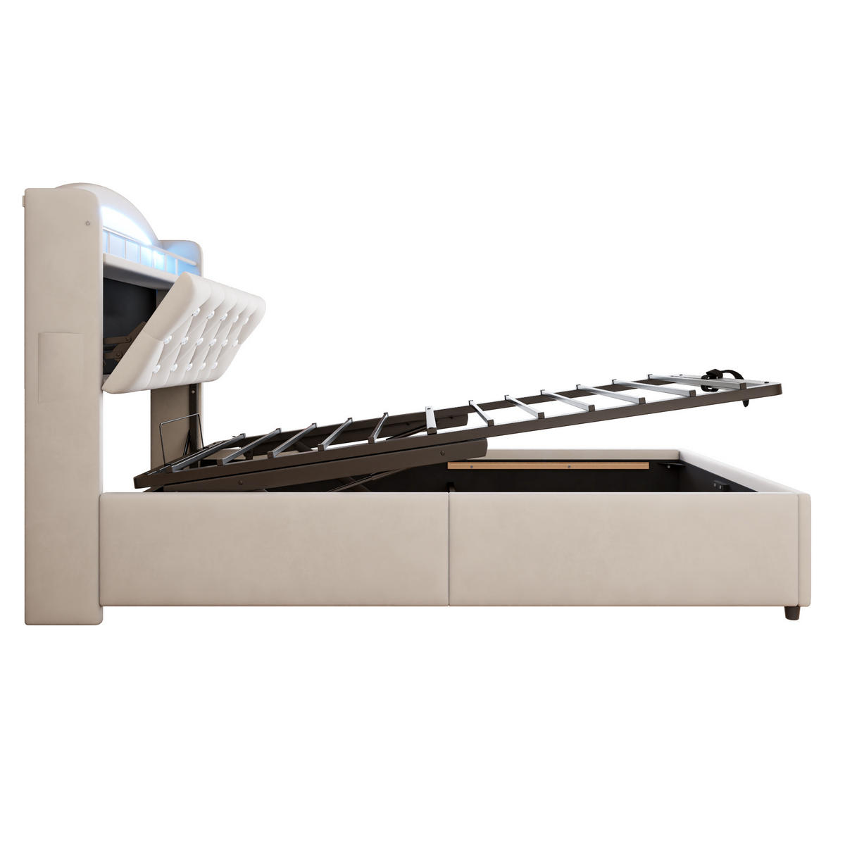 POLSTERBETT Kinder 90/200 cm Beige mit Stauraum, LED und USB-Anschlüssen - Beige, Textil (90/200cm) - OKWISH