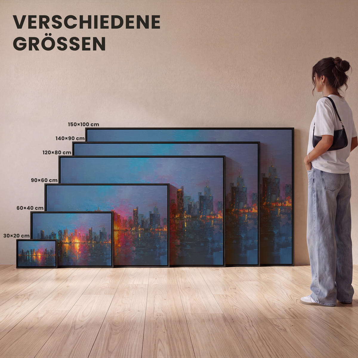 LEINWAND Bilder mit Rahmen - Skyline - Pinselstriche - Dunkelblau - Leuchtend - 60x40 - Blau, Textil (60/40cm) - MuchoWow