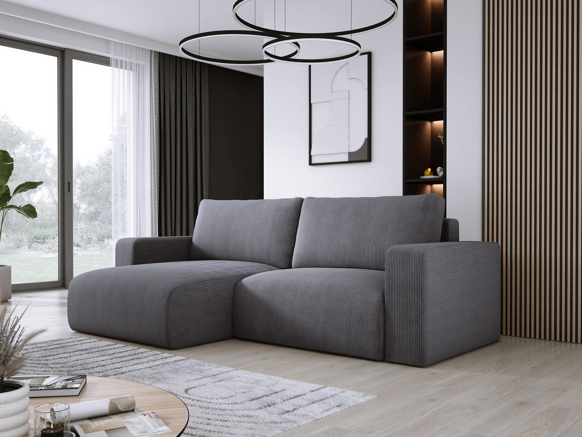 ECKSOFA Carl L-förmig Schlaffunktion und Bettkasten weicher Cordstoff flexibel stellbar lose Rückenkissen freistehend LINKS 143x247x83cm Grey - Grau, Holz/Textil (143/247cm) - DomoHome