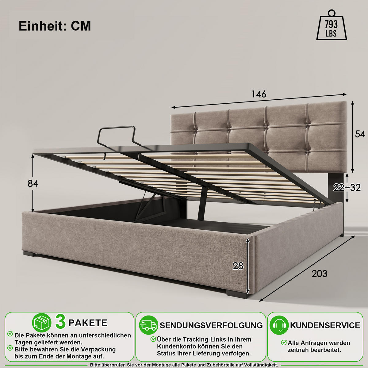 POLSTERBETT 140/200 cm in Hellgrau Samt mit Bettkasten, Verstellbarem Kopfteil und Matratze - Hellgrau, Holzwerkstoff/Textil (140/200cm) - CHICFURN
