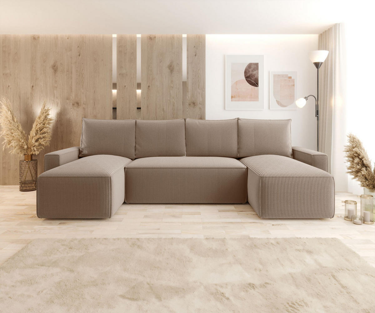 WOHNLANDSCHAFT mit Schlaffunktion SAVIO U Poso 02 - Cappuccino, Textil (300/75/140cm) - Bedante