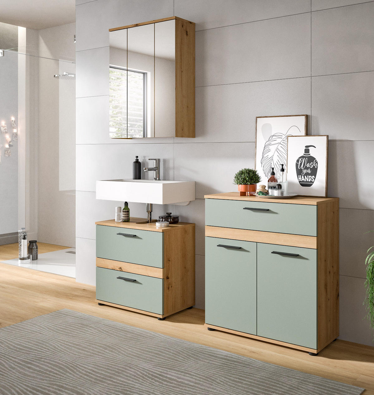 KOMMODE Salbei grün, Eiche Artisan 70 x 79 cm, Badschrank 2-türig - Salbeigrün/Schwarz, Holzwerkstoff/Kunststoff (70/79/31cm) - Inn.Furn