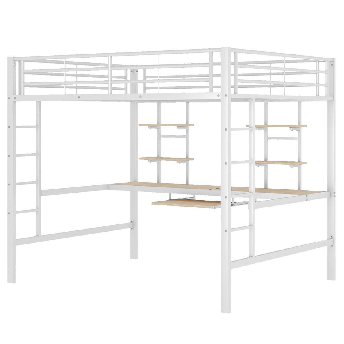 HOCHBETT 140/200 cm weiß aus Metall mit Schreibtisch und 2 Regalen - Weiß, Metall (140/200cm) - OKWISH