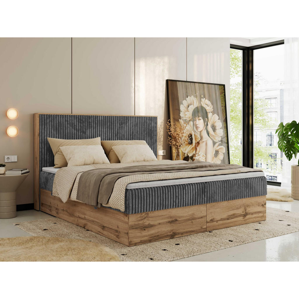Thumbnail - MKS Boxbett, Grau, Textil, 2-Sitzer, H3, Rechteckig, 160x200 cm, Oeko-Tex®, Schlafzimmer, Betten, Boxspringbetten