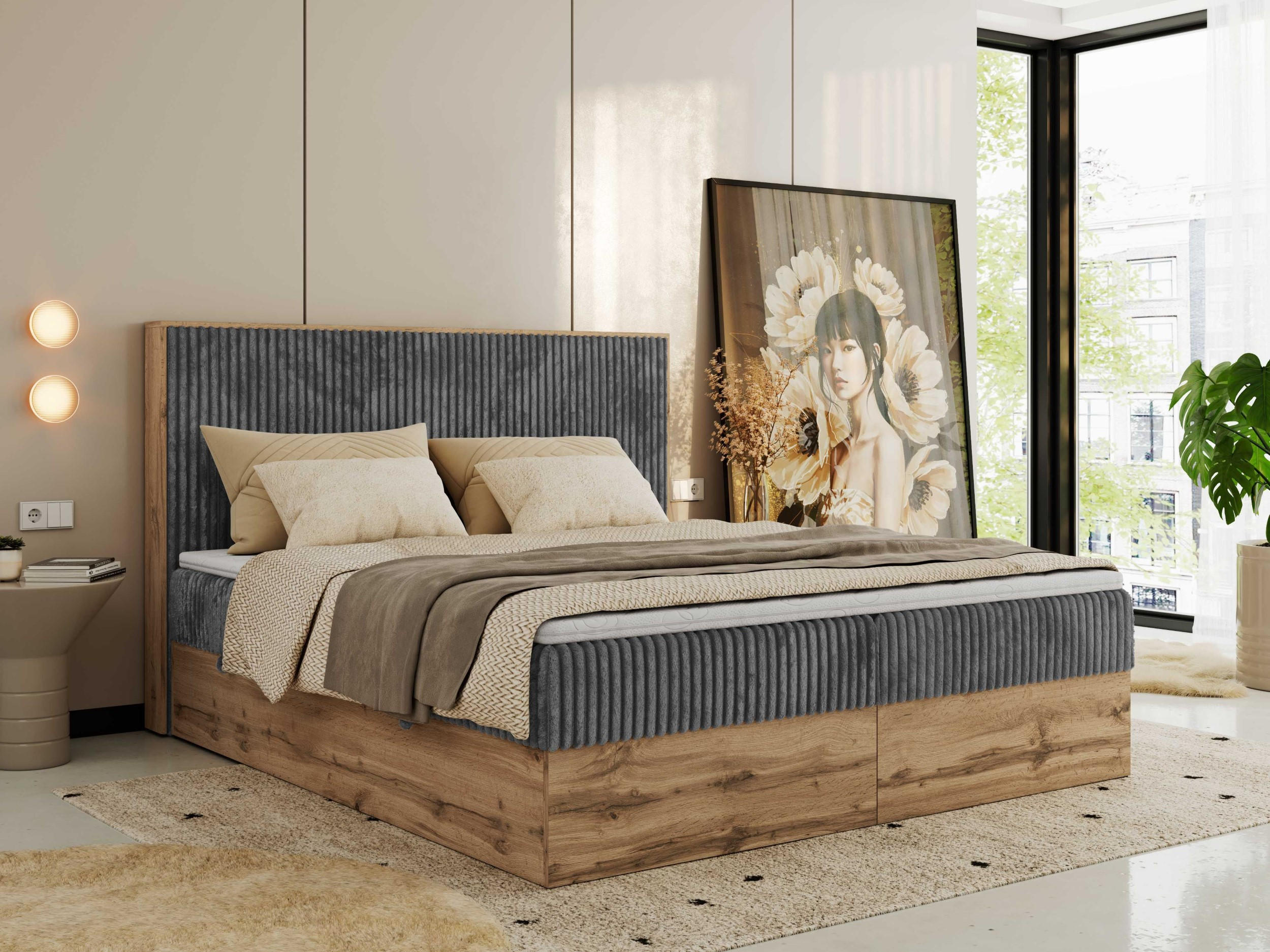 Thumbnail - MKS Boxbett, Grau, Textil, 2-Sitzer, H4, Rechteckig, 180x200 cm, Oeko-Tex®, Schlafzimmer, Betten, Boxspringbetten