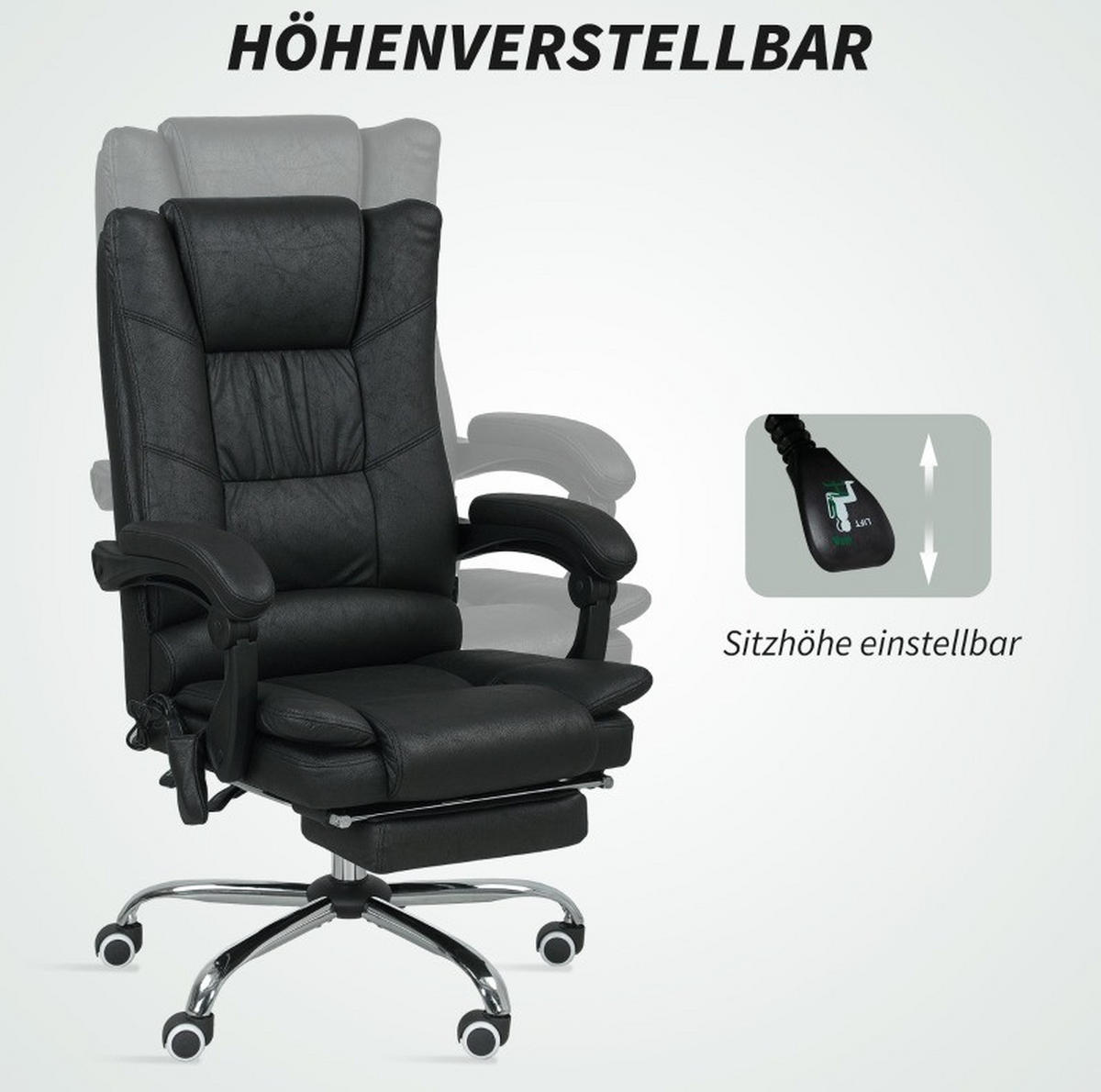 GAMINGSTUHL 64/70/110-118 cm, Massage & Wärme, Fußstütze, Mikrofaser, Schwarz - Schwarz, Kunststoff (70/118/64cm) - Redom