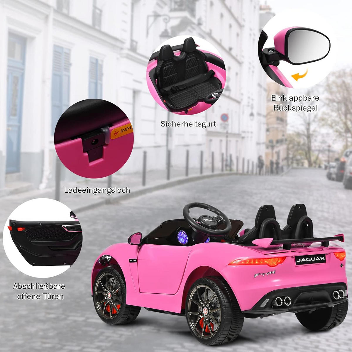 KINDERAUTO Jaguar 12V Elektro Rosa - Pink, Kunststoff (107.5/66/50cm) - COSTWAY