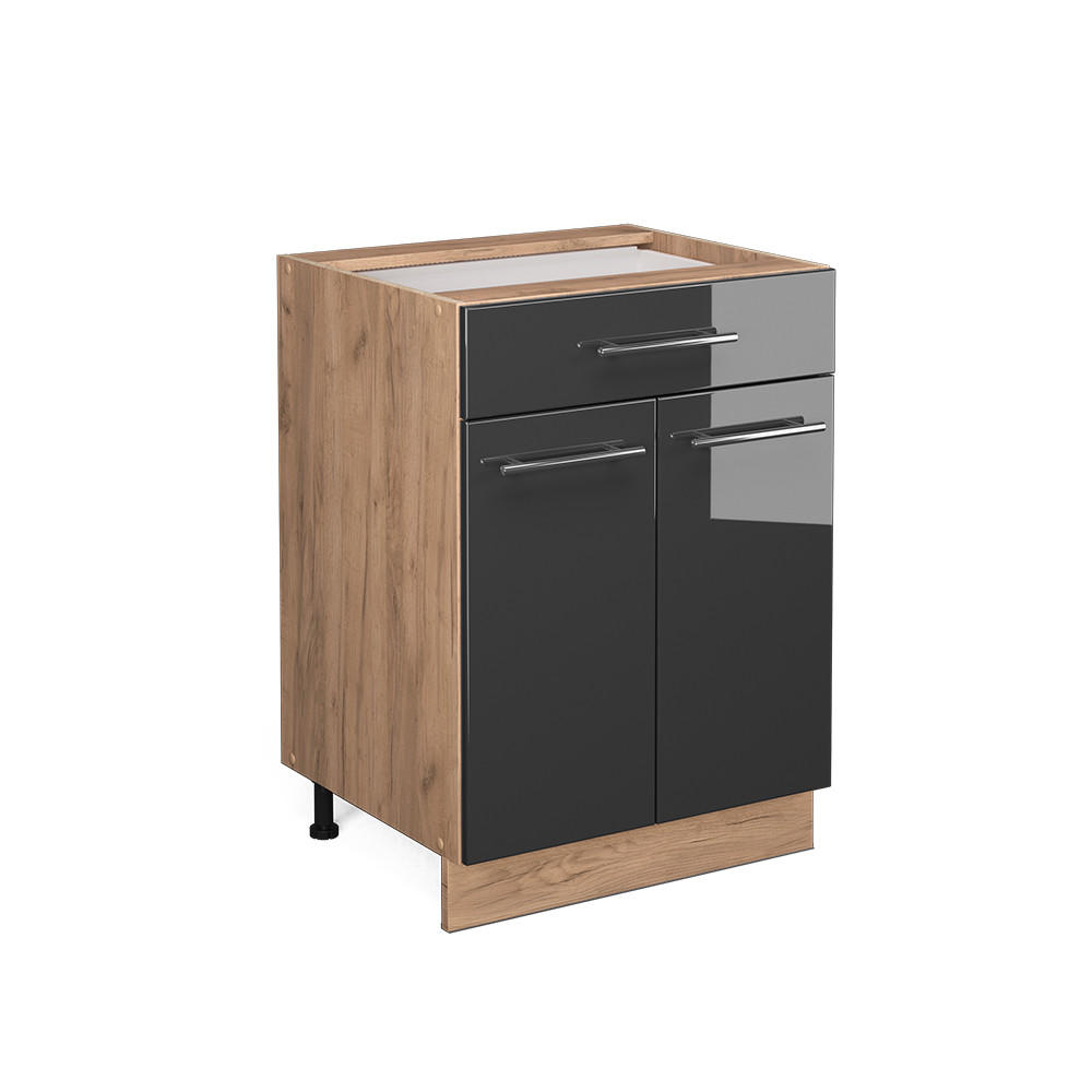KÜCHENUNTERSCHRANK Fame-Line Anthrazit Hochglanz 60 cm mit Schublade ohne AP - Anthrazit/Eiche Wotan, Holzwerkstoff (60/82/51.6cm) - Vicco