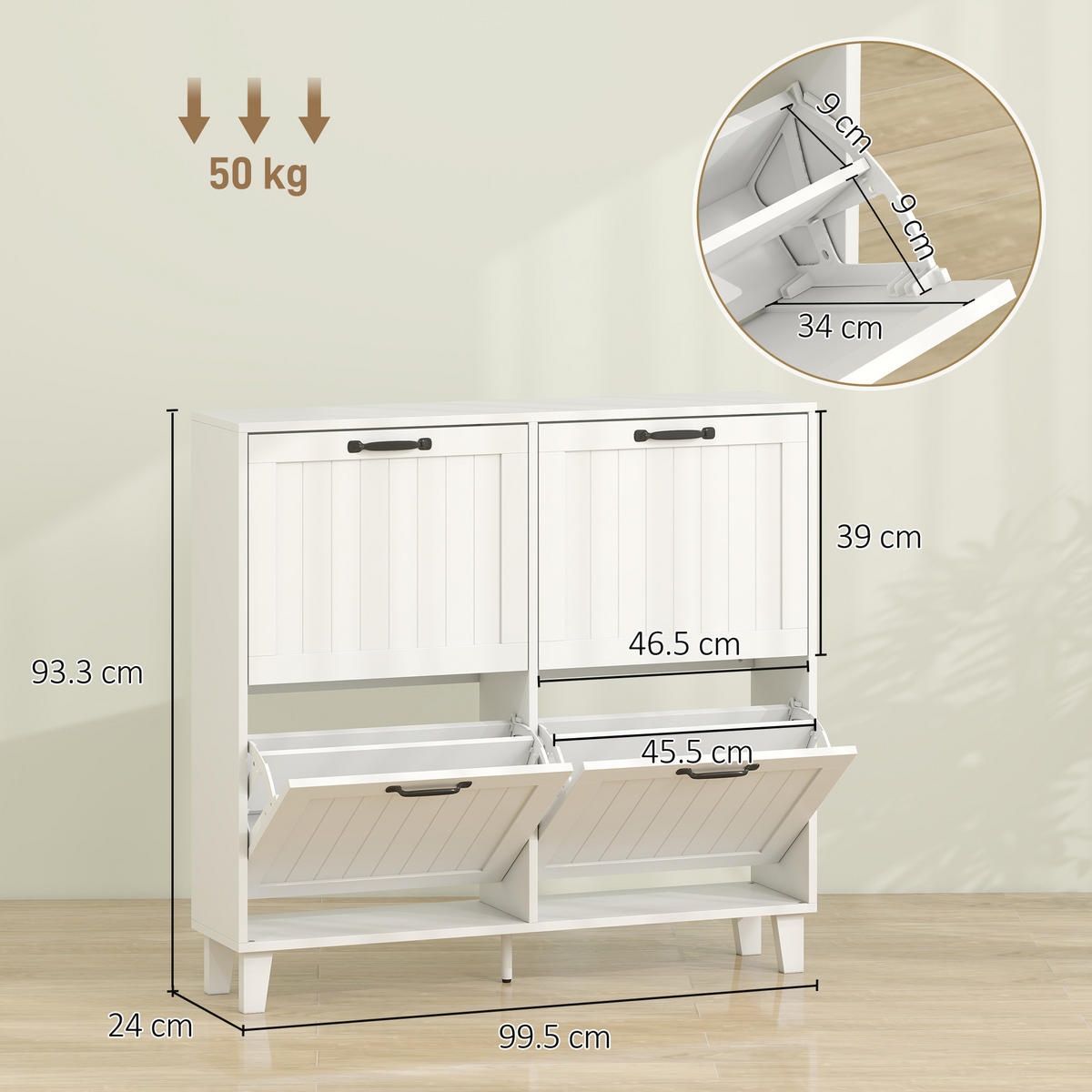 SCHUHSCHRANK,4 Klappschubladen verstellbare Böden,weiß - Weiß, Holzwerkstoff (99.5/93.3/24cm) - Vallsero