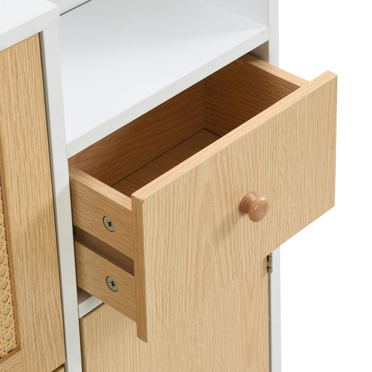 SCHUHSCHRANK Rattanoptik Weiß mit 3 Klappen, Schublade und Massivholzbeinen - Naturfarben, Holz (90/125/17cm) - PARAFTA HOME