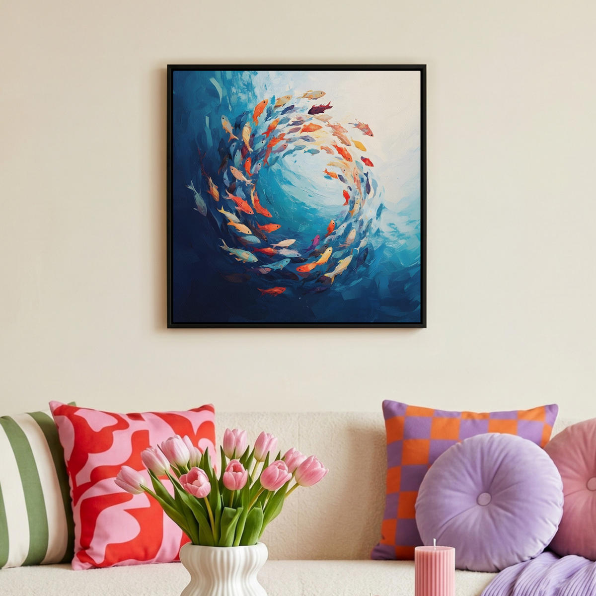 LEINWAND Bilder mit Rahmen - Meer - Fische - Bunt - Dynamisch - 50x50 - Hellblau, Textil (50/50cm) - MuchoWow