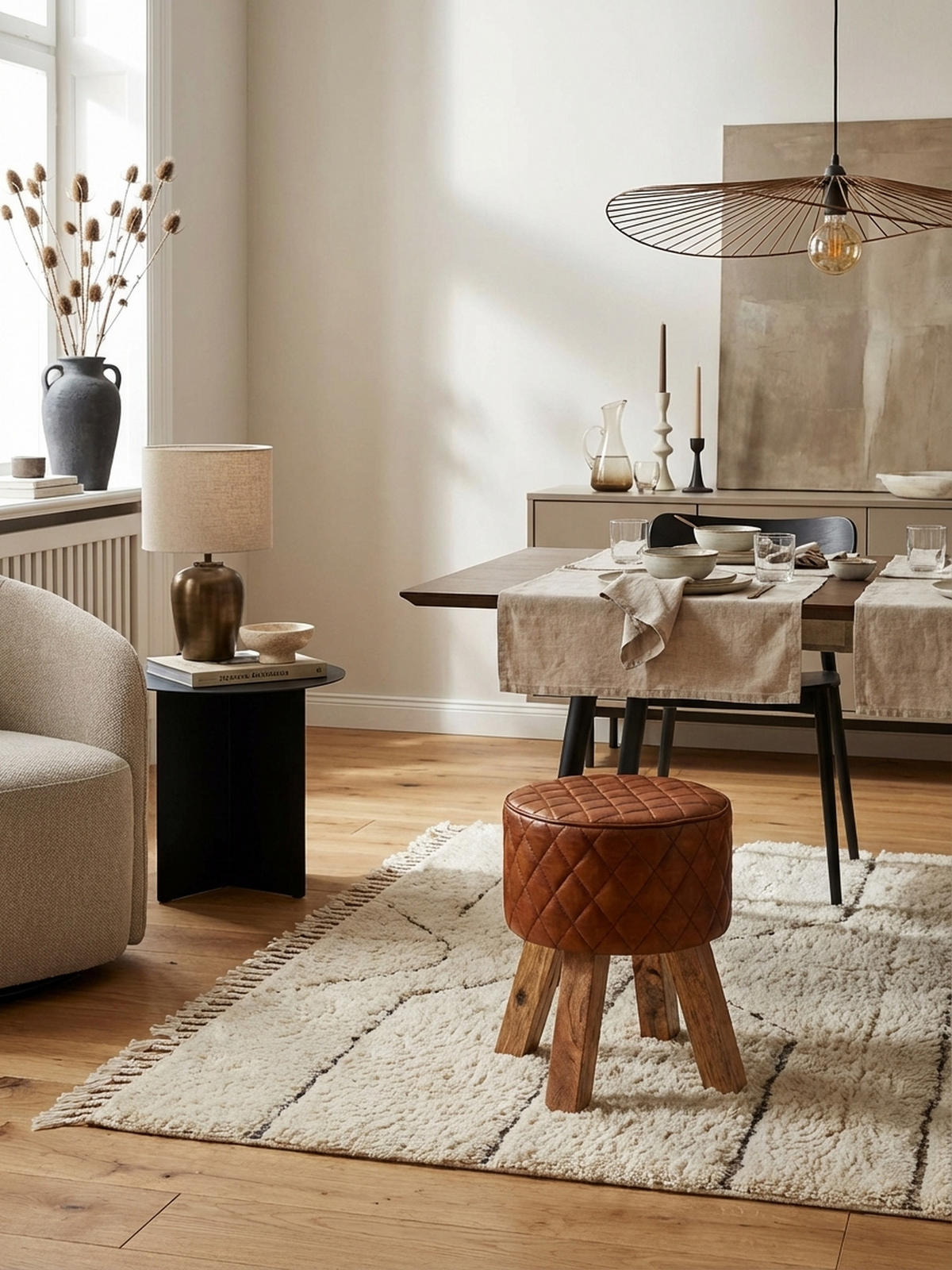 SITZHOCKER – Holz/Leder, 46 cm, Rautenmuster, Braun - Braun, Mangoholz/Leder (35/46/35cm) - KADIMA DESIGN