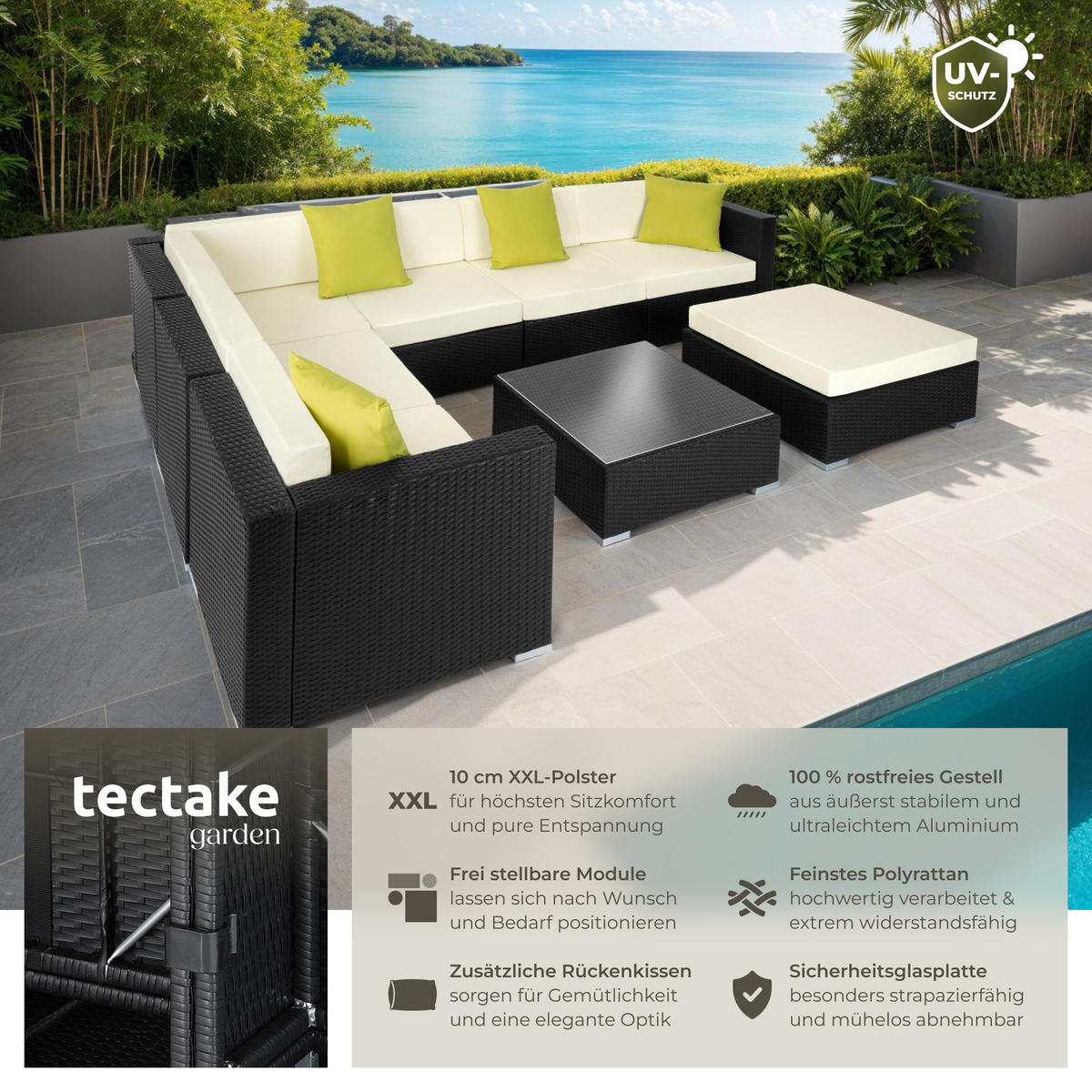 RATTANLOUNGE Marbella,mit Sicherheitsglasplatte,schwarz - Schwarz, Kunststoff - tectake