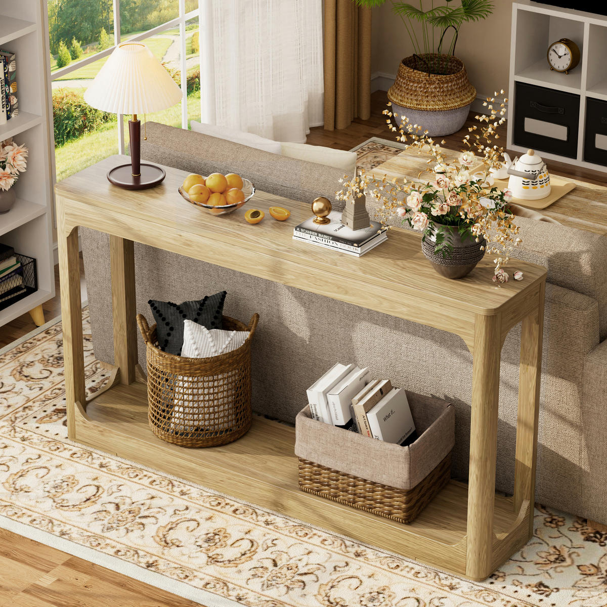 BEISTELLTISCH DE-37275 140 cm lang mit zweistöckigem Stauraum Naturholz - Naturfarben, Holzwerkstoff (140/30/79cm) - ComfortXL