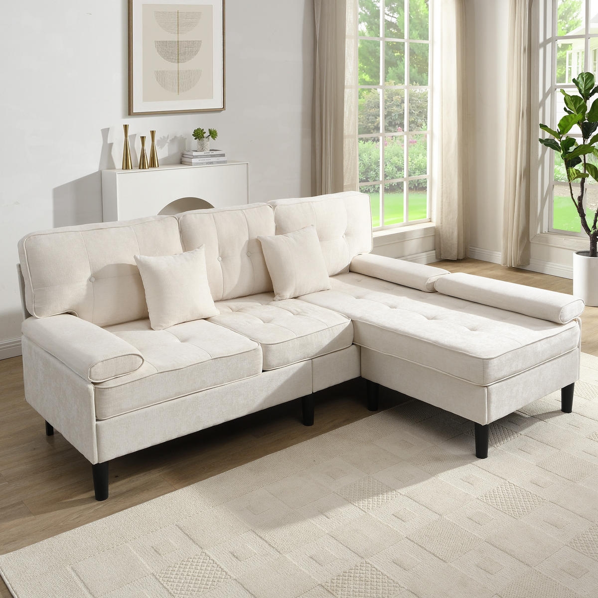 ECKSOFA aus Chenille 195x149x86 cm in Hellbeige mit beweglicher Fußbank - Beige, Textil (149/86/195cm) - Modfu