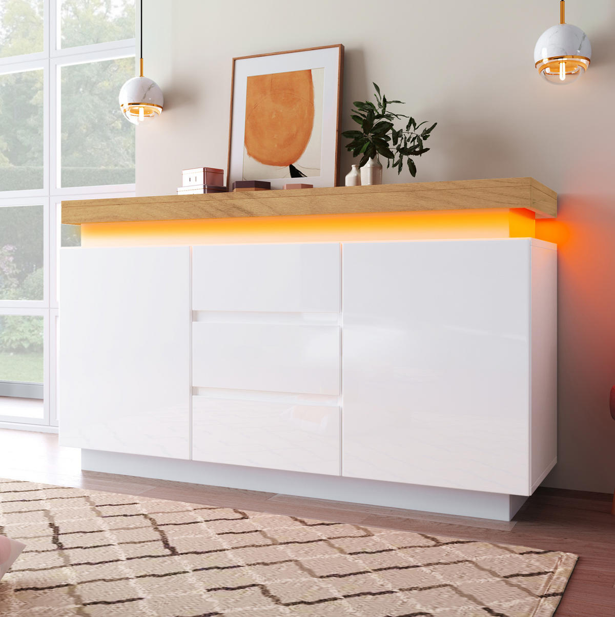 KOMMODE 140/39/81 cm in Weiß mit LED-Beleuchtung und 2 Türen - Weiß, Holzwerkstoff (140/81/39cm) - BEAOK