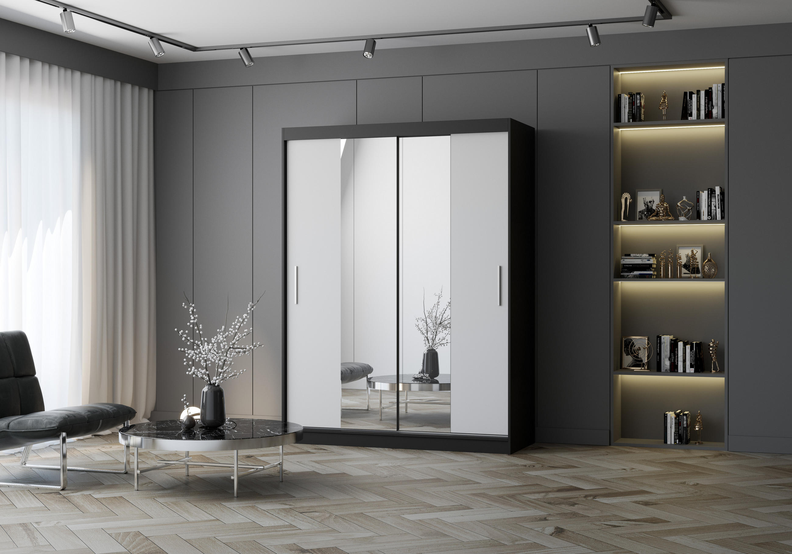 SCHWEBETÜRENSCHRANK VISTA 01 Schwarz/Weiß mit Spiegel ohne LED Beleuchtung 150 cm - Alufarben/Schwarz, Glas/Holzwerkstoff (150/200/61cm) - imoebel24