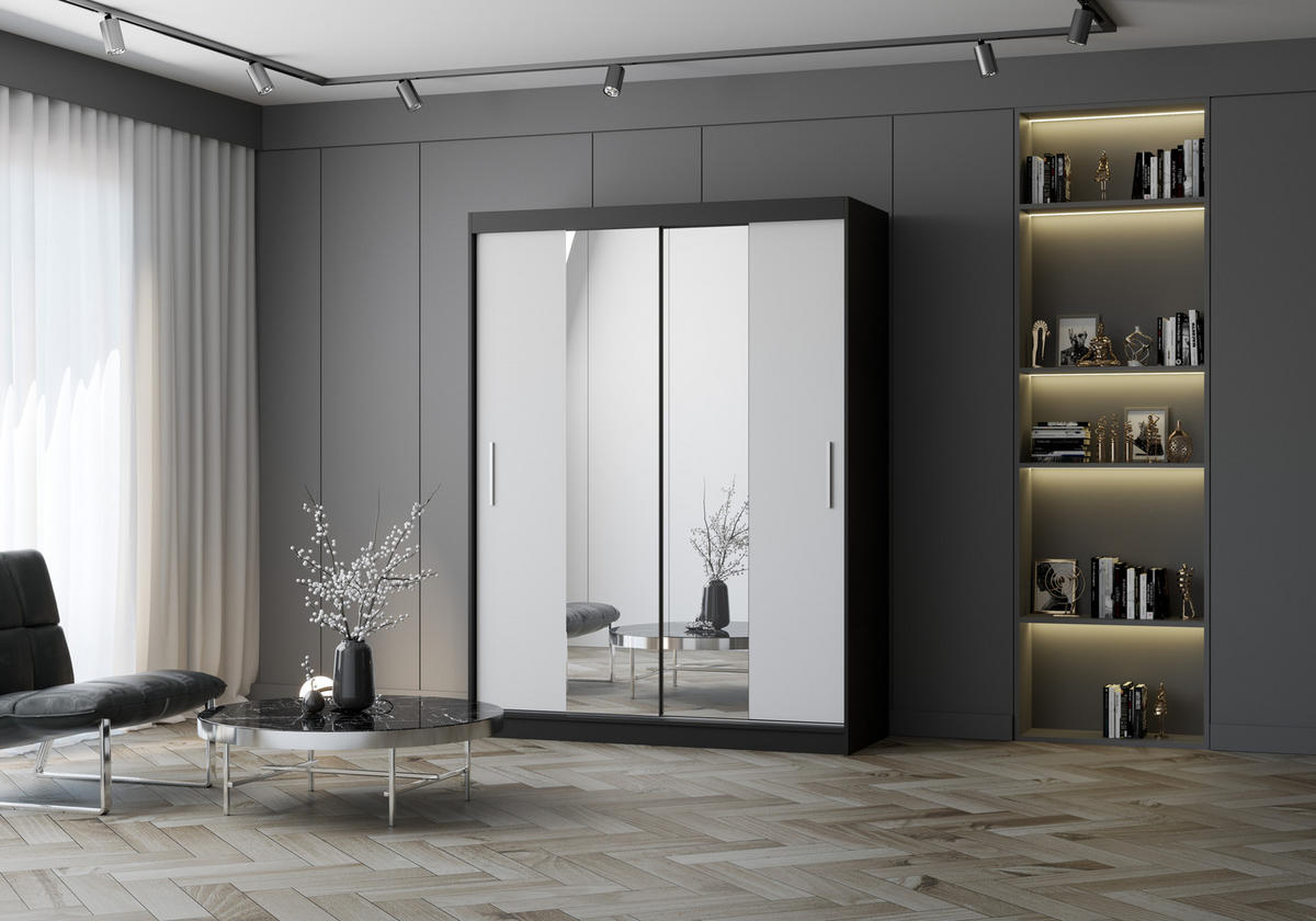 SCHWEBETÜRENSCHRANK VISTA 01 Schwarz/Weiß mit Spiegel ohne LED Beleuchtung 150 cm - Alufarben/Schwarz, Glas/Holzwerkstoff (150/200/61cm) - imoebel24