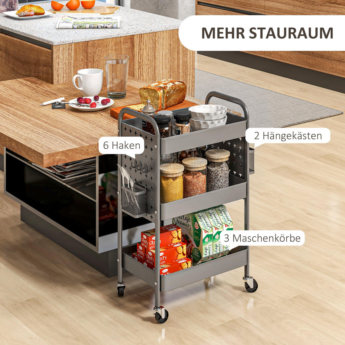 ROLLWAGEN, Servierwagen Aufbewahrungswagen mit 3 Etagen für Küche, Dunkelgrau - Dunkelgrau, Metall (30.5/75/53.5cm) - HOMCOM
