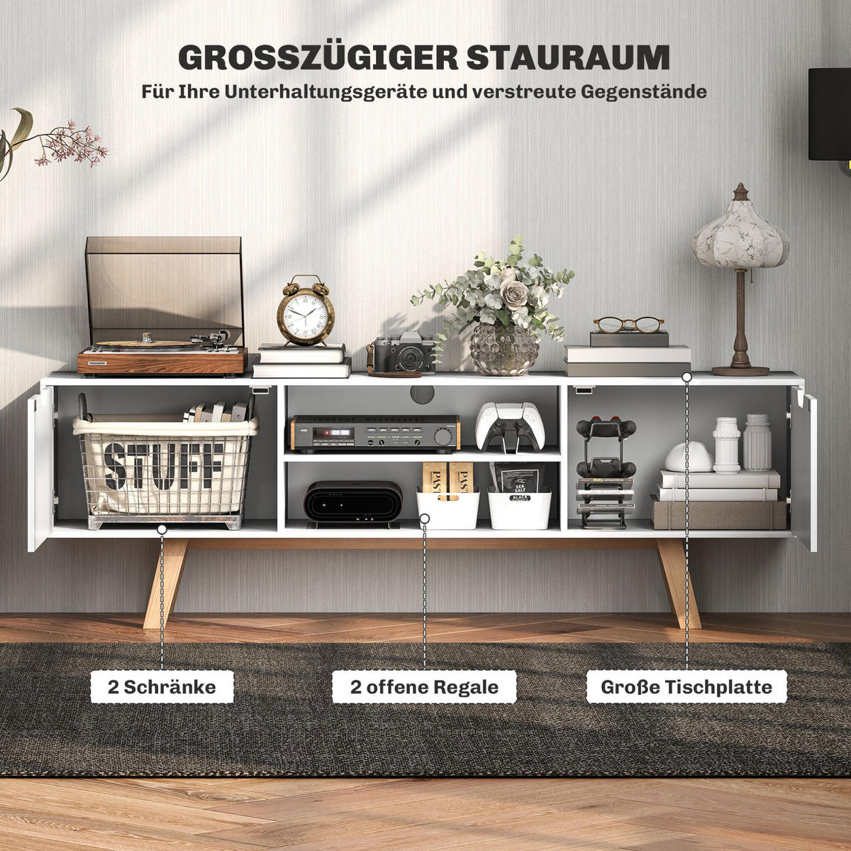 TV-SCHRANK aus Spanplatte 150x39x50 cm Weiß mit Kabelführung, 2 Schränken und offenen Regalfächern - Weiß, Holzwerkstoff (150/50/39cm) - Modfu
