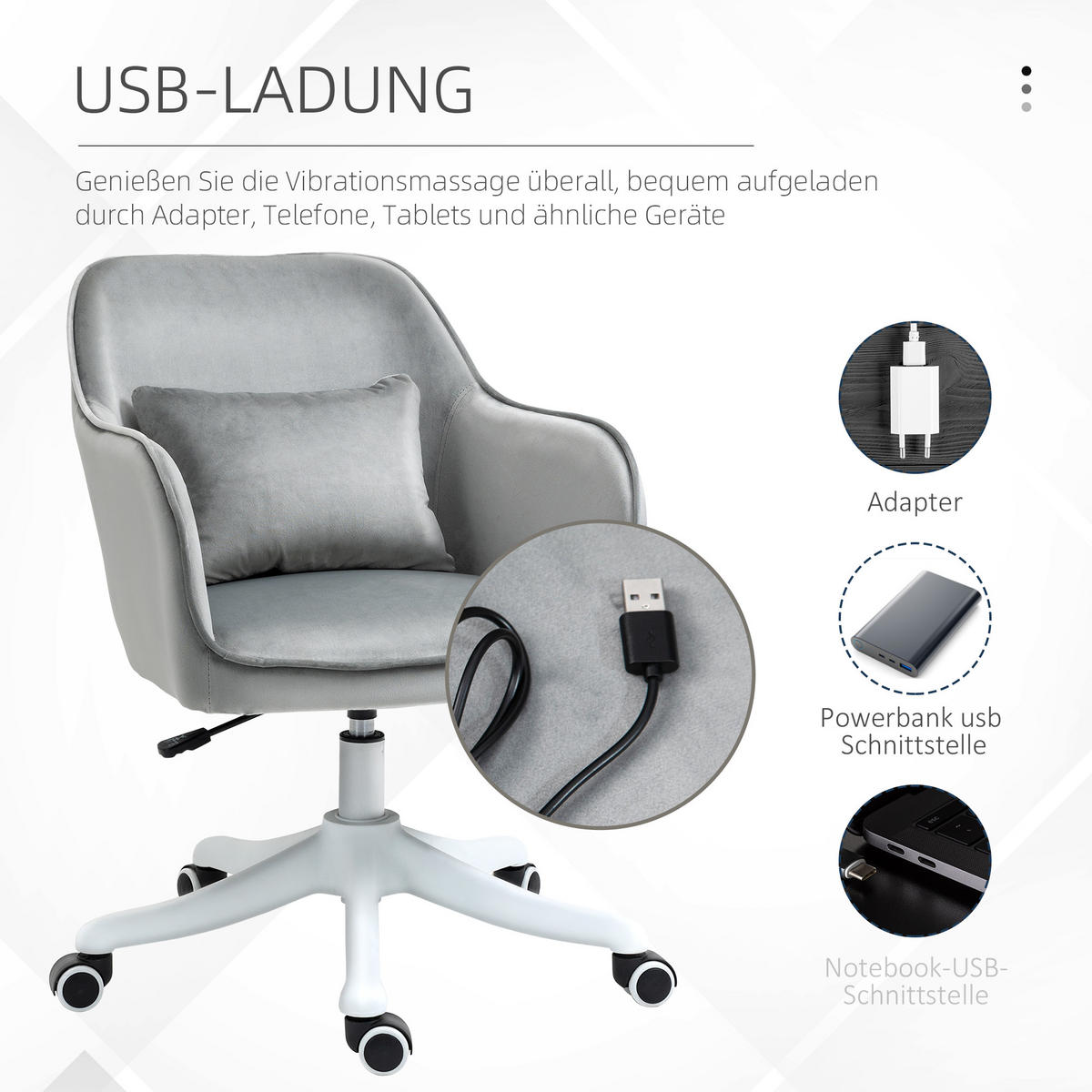 MASSAGE Bürostuhl Drehstuhl Arbeitstuhl mit Vibrationsfunktion Samt Grau - Grau, Textil (70/86/57cm) - Vinsetto